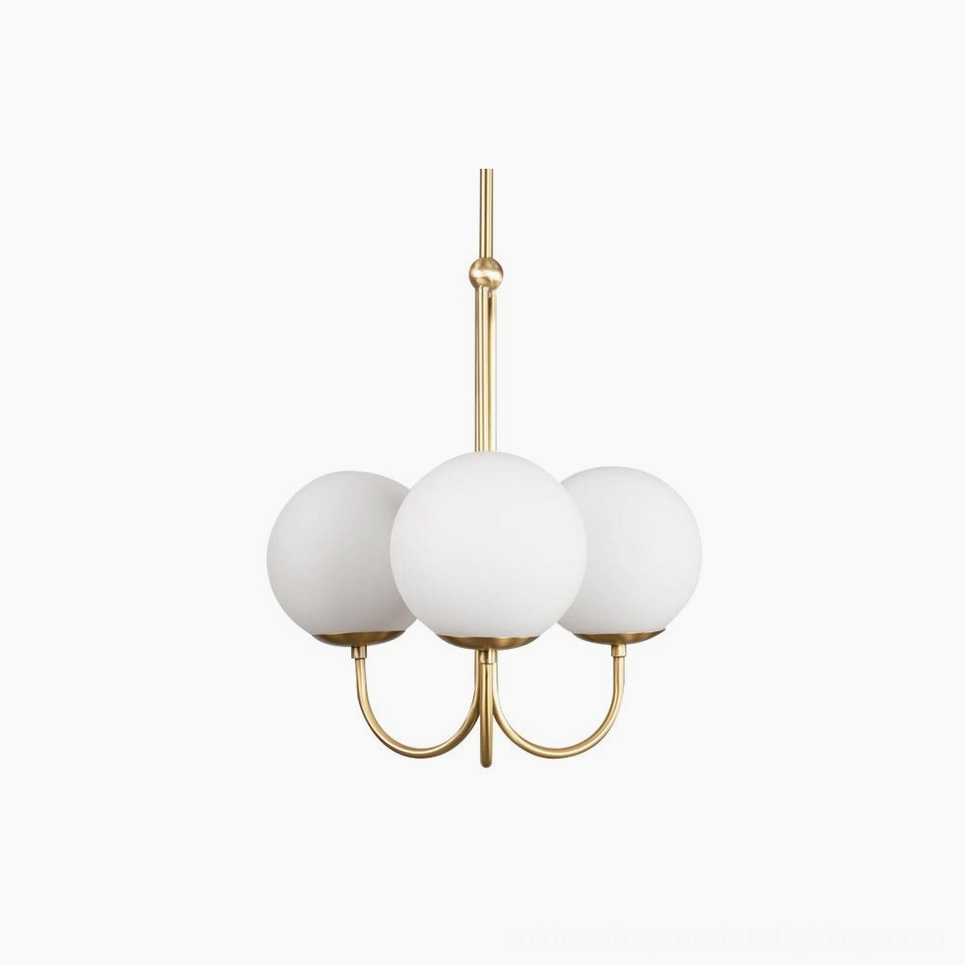 Angle mid-century modern chandelier product photography showcasing brass hardware and frosted glass design