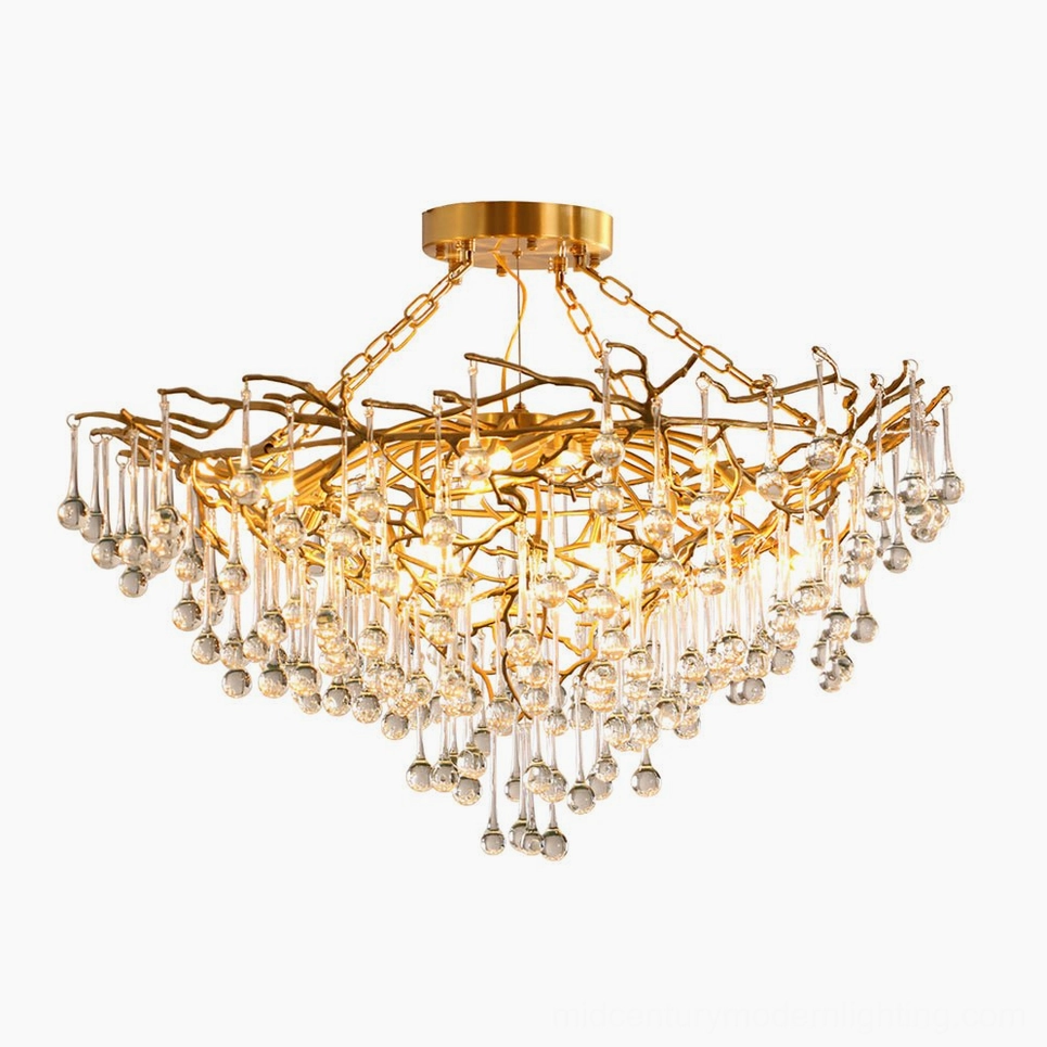 Anita brass and clear crystal chandelier, full architectural form with elegant proportions