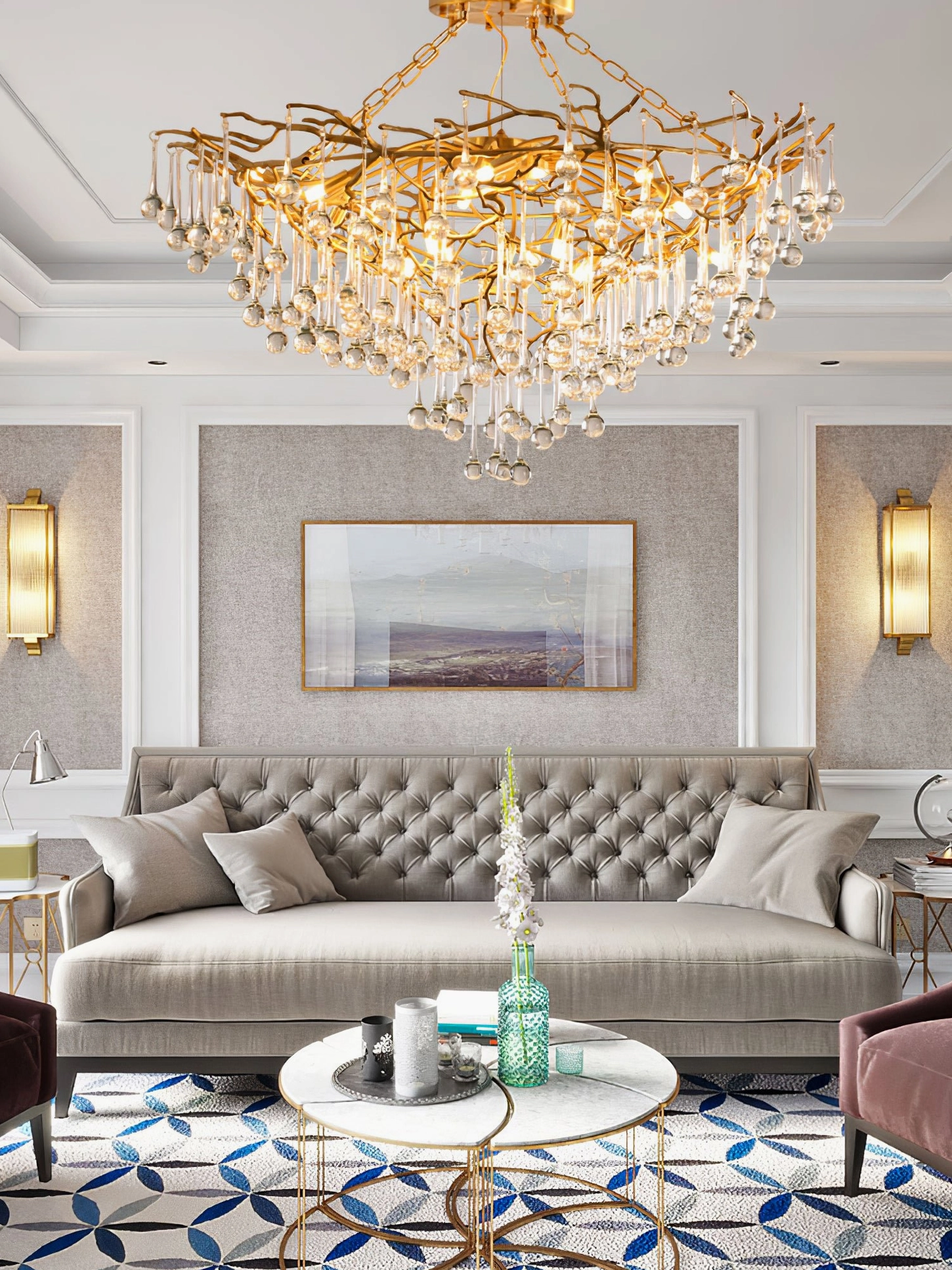 Anita gold leaf chandelier installed in modern luxury living room, overhead perspective