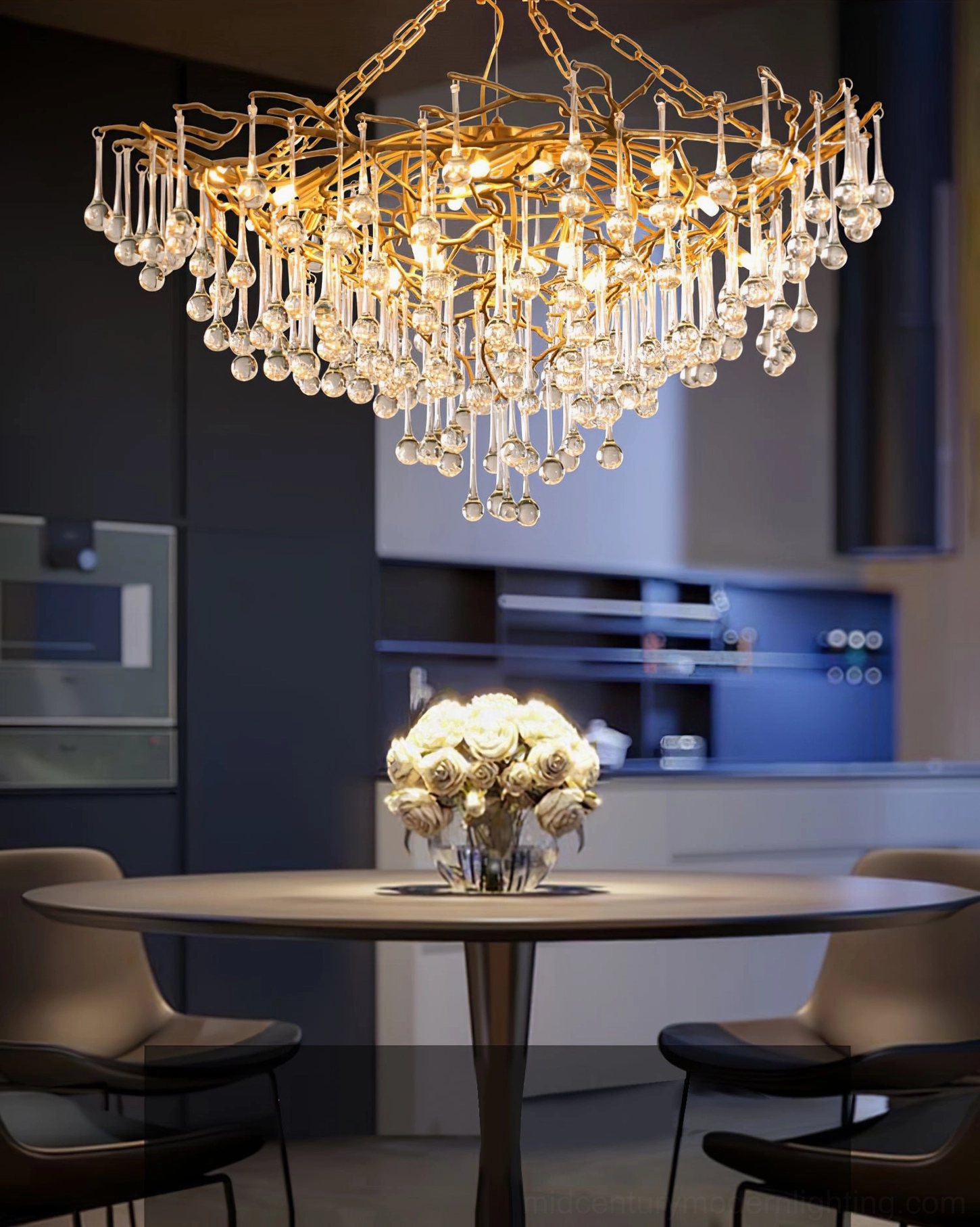 Anita branch crystal chandelier in dark luxury kitchen dining area, ambient lighting showcase