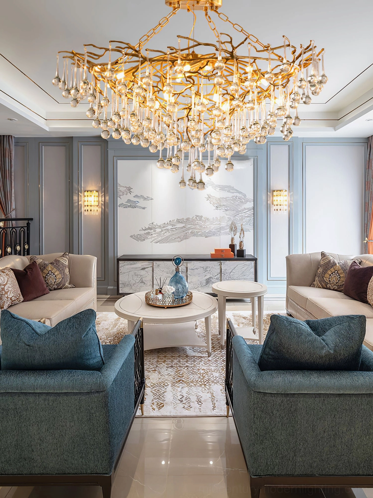 Anita crystal chandelier frame detail with polished brass and suspended glass drops, architectural view