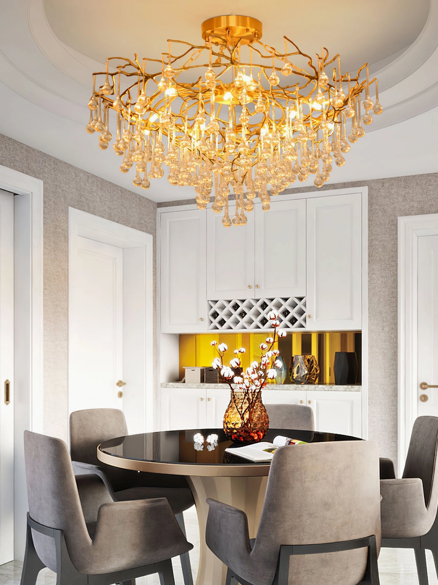 Anita crystal branch chandelier illuminated in formal dining room, warm glowing light effect