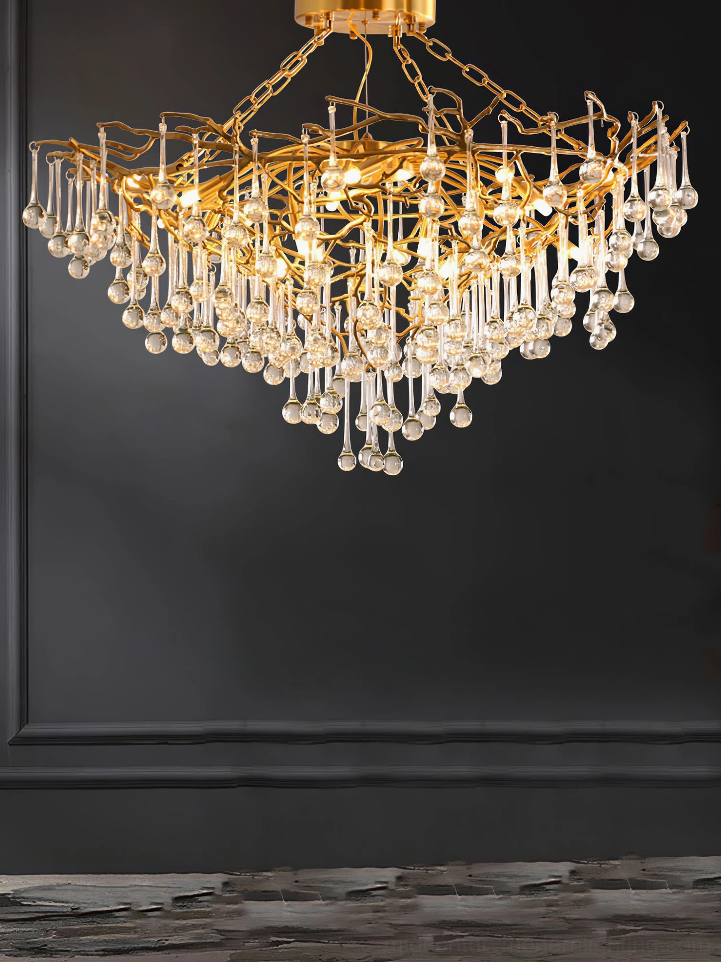 Anita gold leaf brass chandelier with cascading clear crystal pendants, artistic design detail