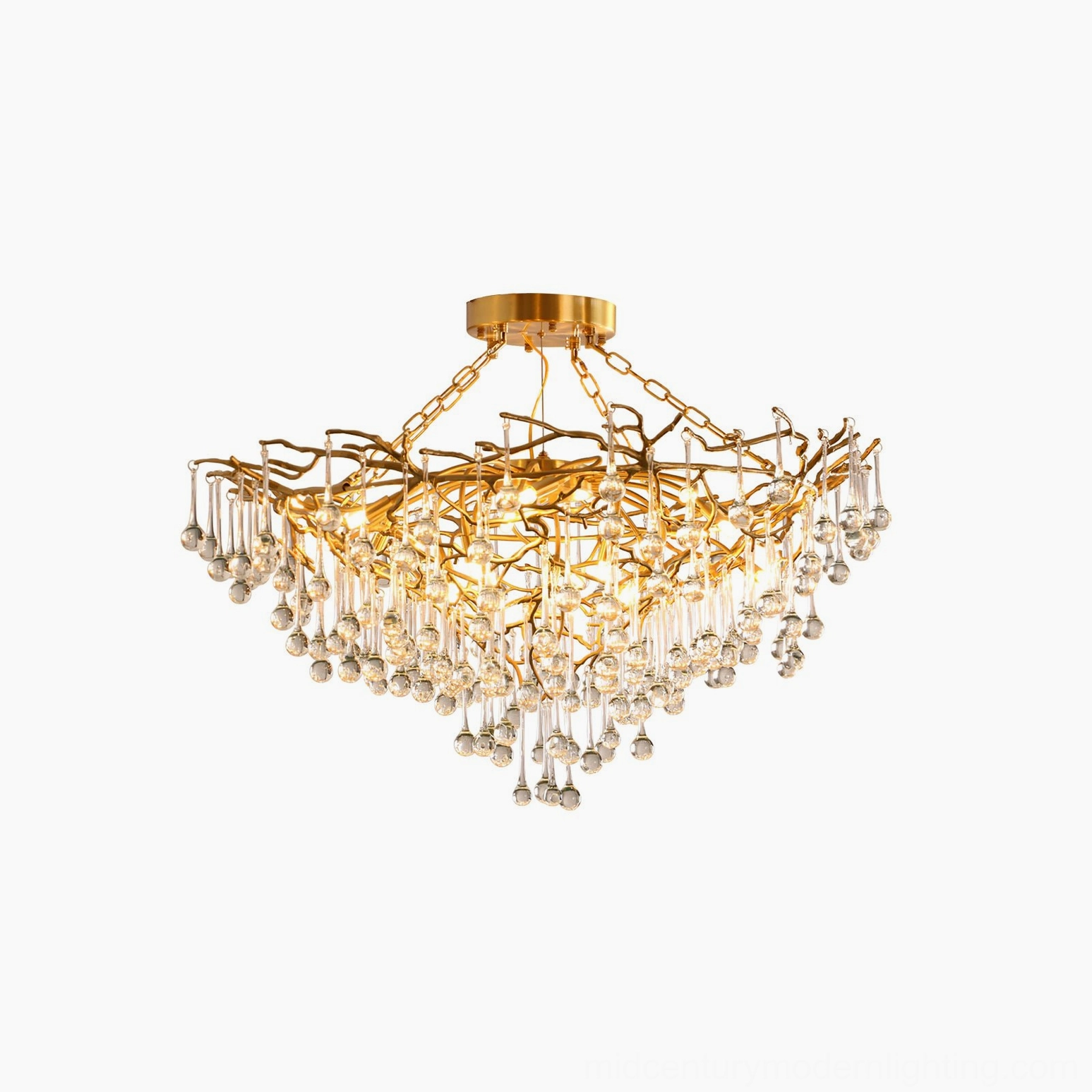 Anita gold leaf crystal chandelier product showcase with warm luminous glow and teardrop details