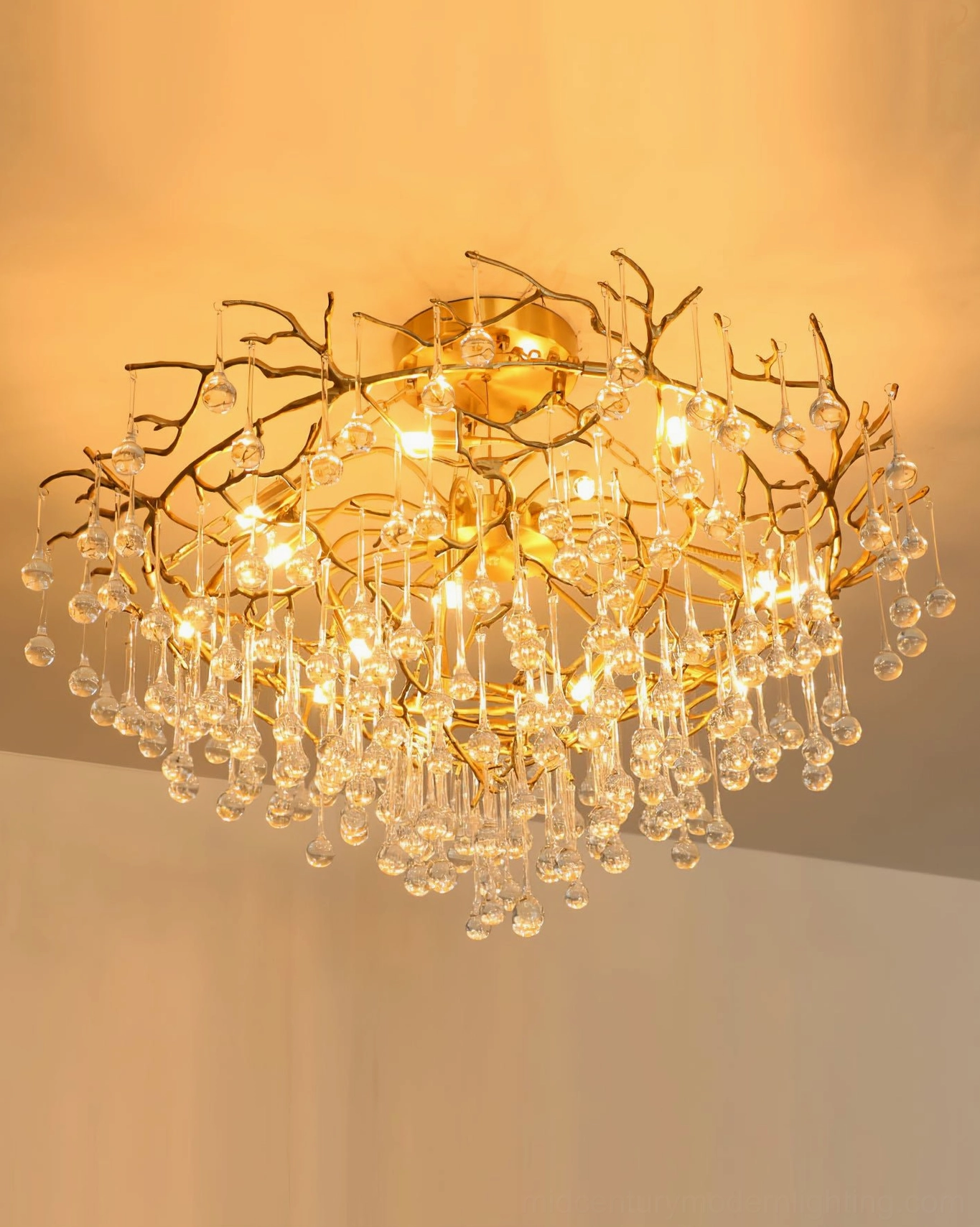 Anita luxury gold leaf chandelier with clear crystal accents, full product display