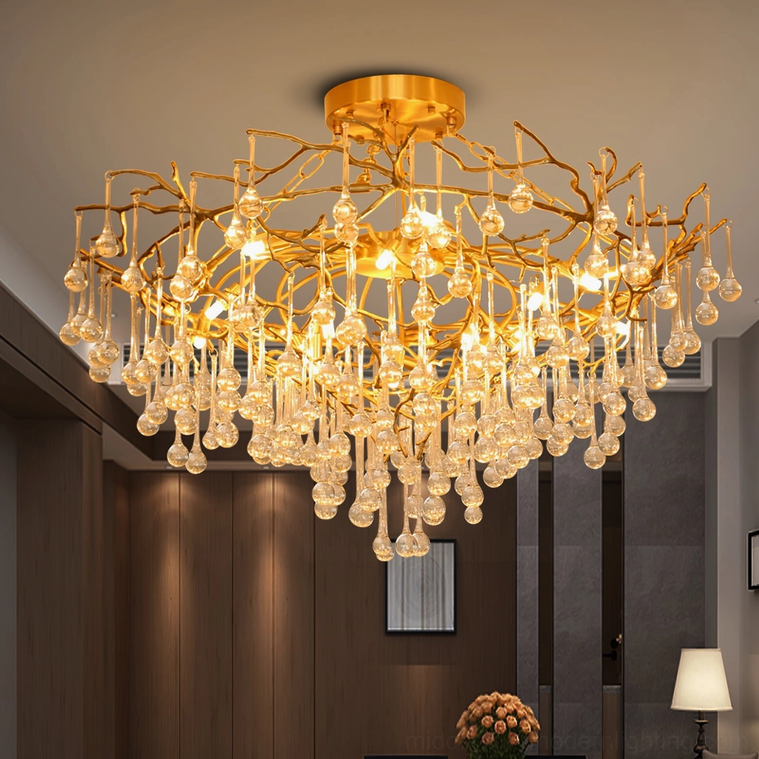 Mid-century modern Anita brass leaf chandelier in elegant bedroom setting with ambient glow