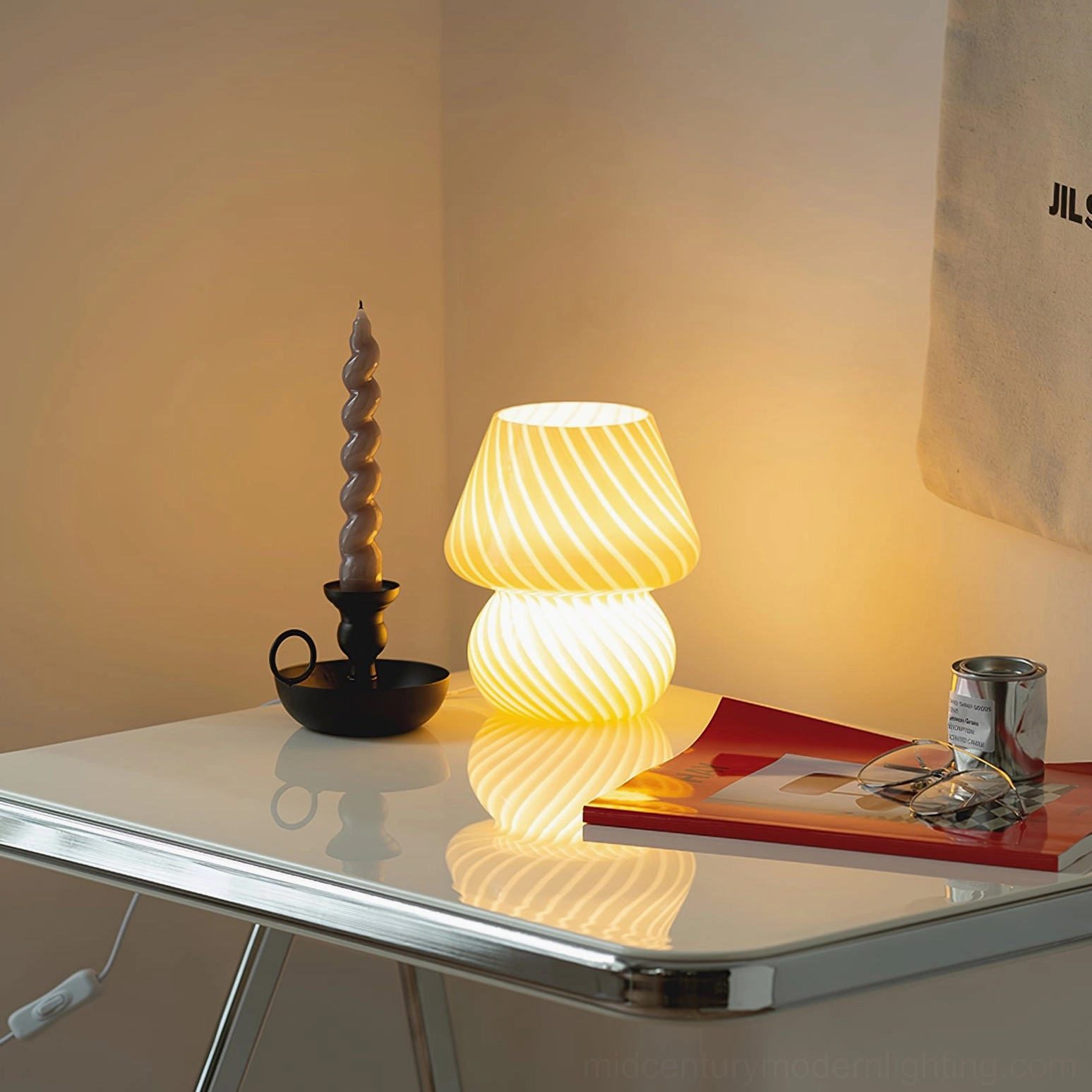 Striped Ansel mushroom table lamp three-quarter view matching vintage candle and metal glass desk decor