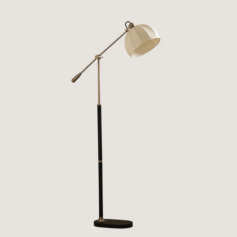 Black metal Anthony floor lamp with pleated shade in elegant home setting, showcasing industrial mid-century modern design aesthetic
