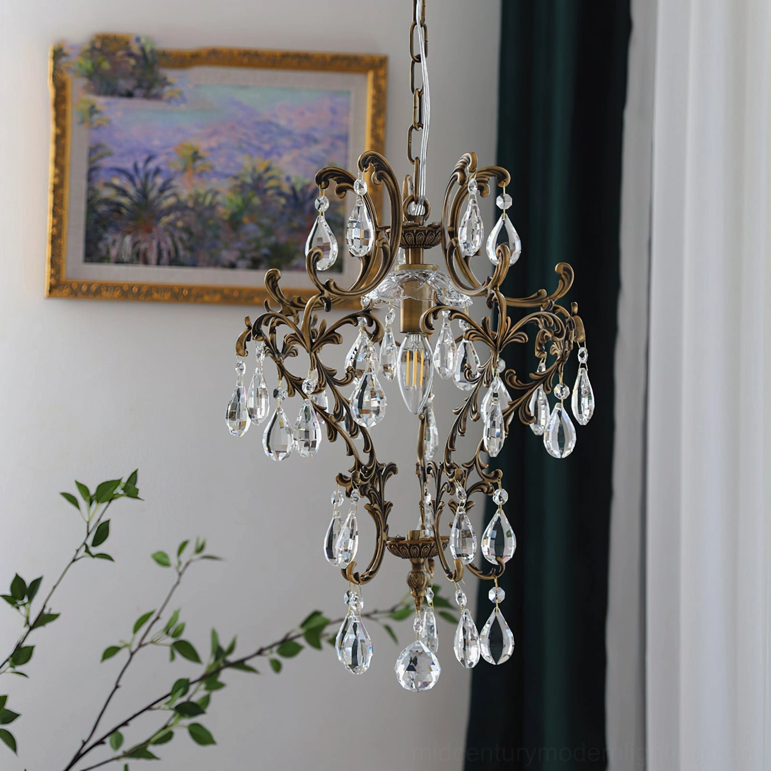 Antique birdcage pendant light with decorative scrollwork and luminous crystal accents product presentation