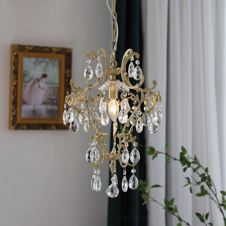 Antique brass birdcage pendant with clear crystal teardrop accents - Brass & Clear finish variant