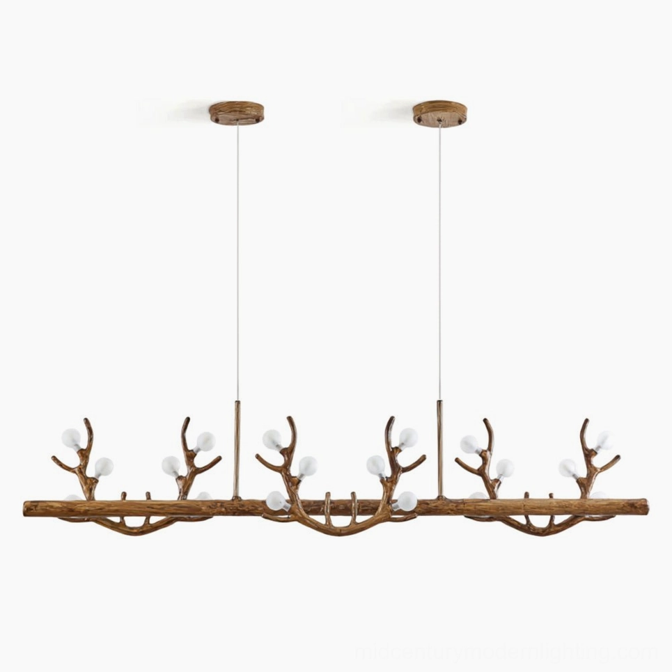 Antler branch linear chandelier overhead view studio shot with walnut wood-grain finish and frosted glass bulbs on white background