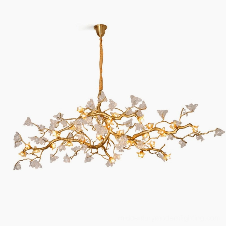 Aosta Branch Chandelier product shot of 70.9 inch width brass version with clear glass flowers