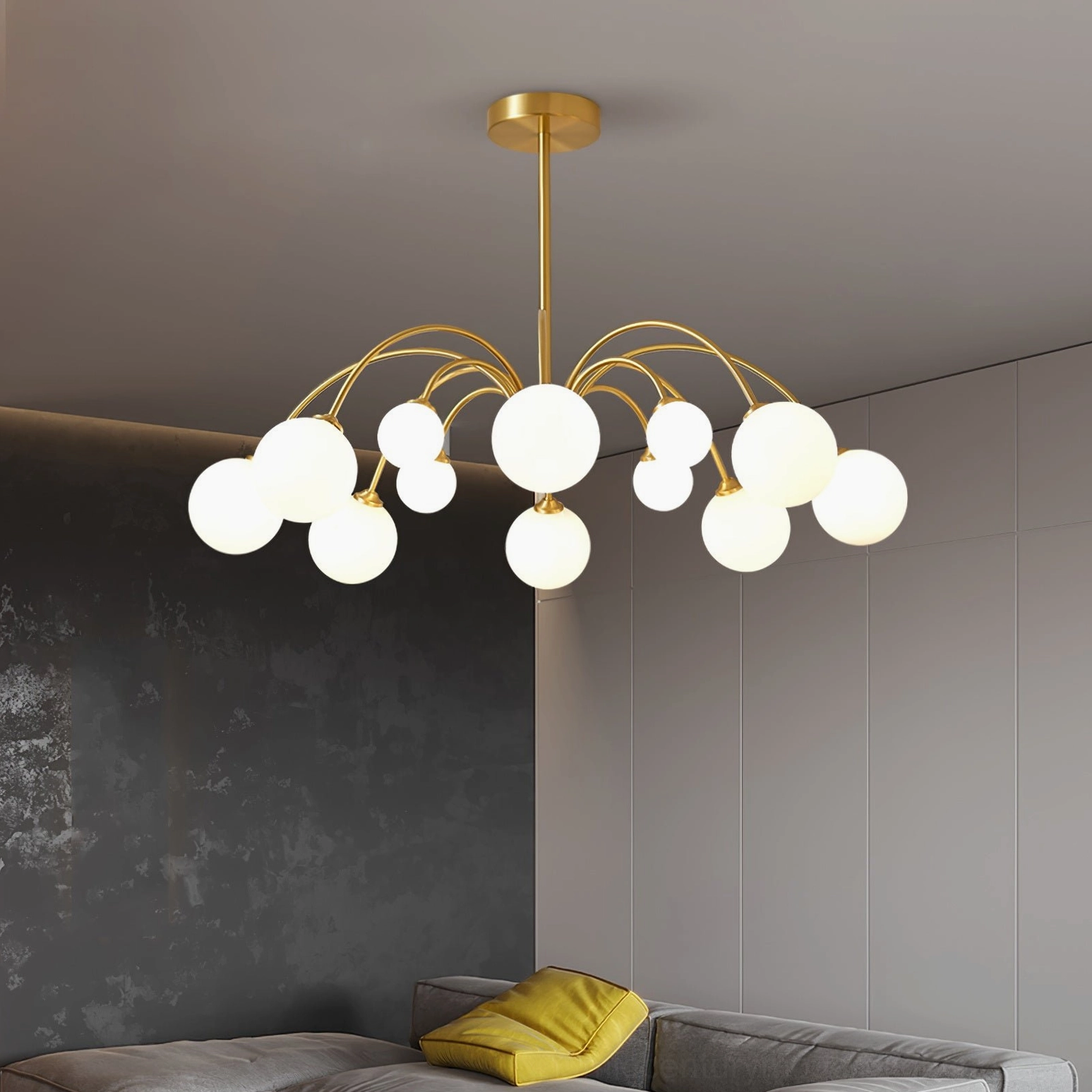 Apiales chandelier 12-head configuration showing full sculptural brass frame and frosted glass dome arrangement