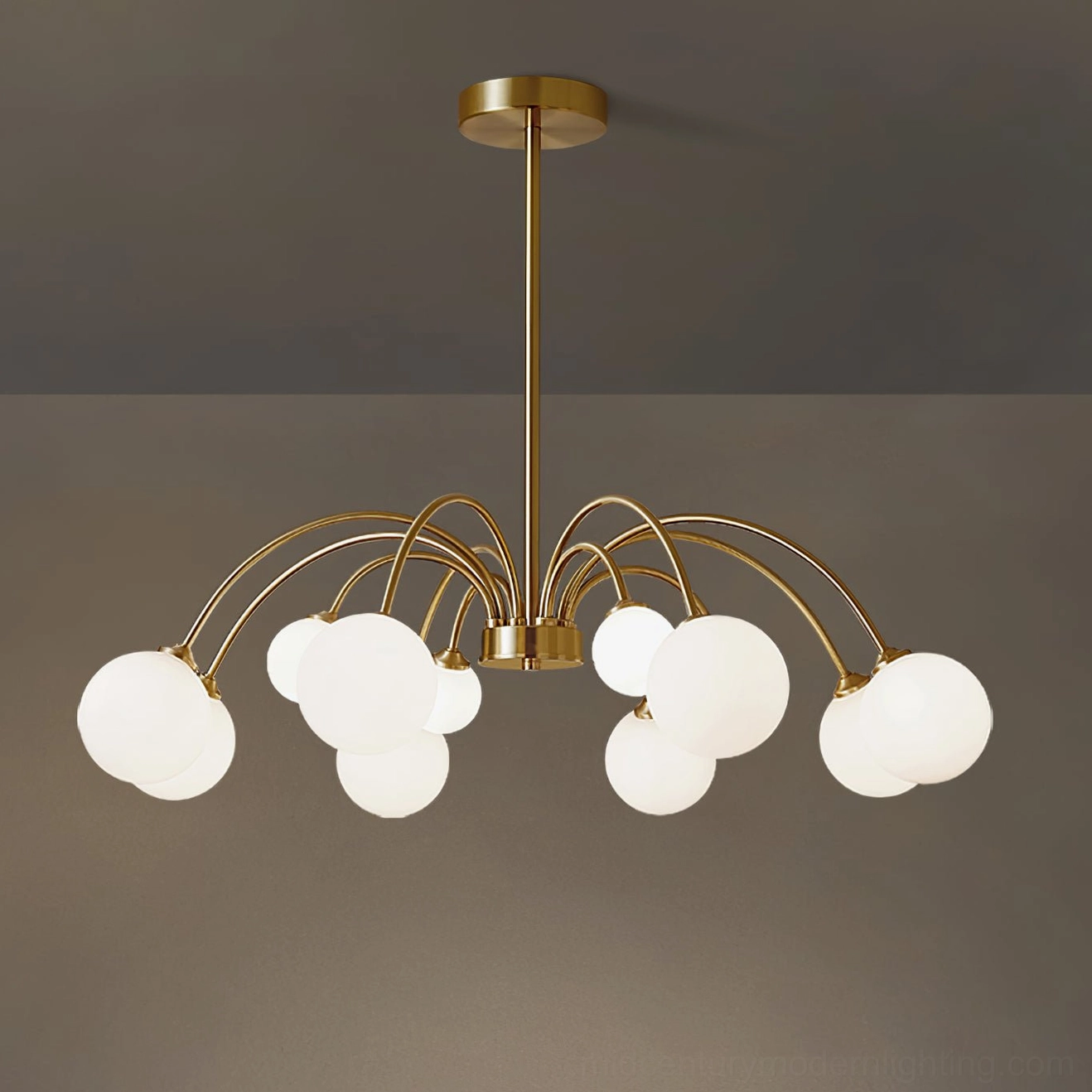 Medium Apiales chandelier with 12 frosted glass globes suspended from brushed brass framework