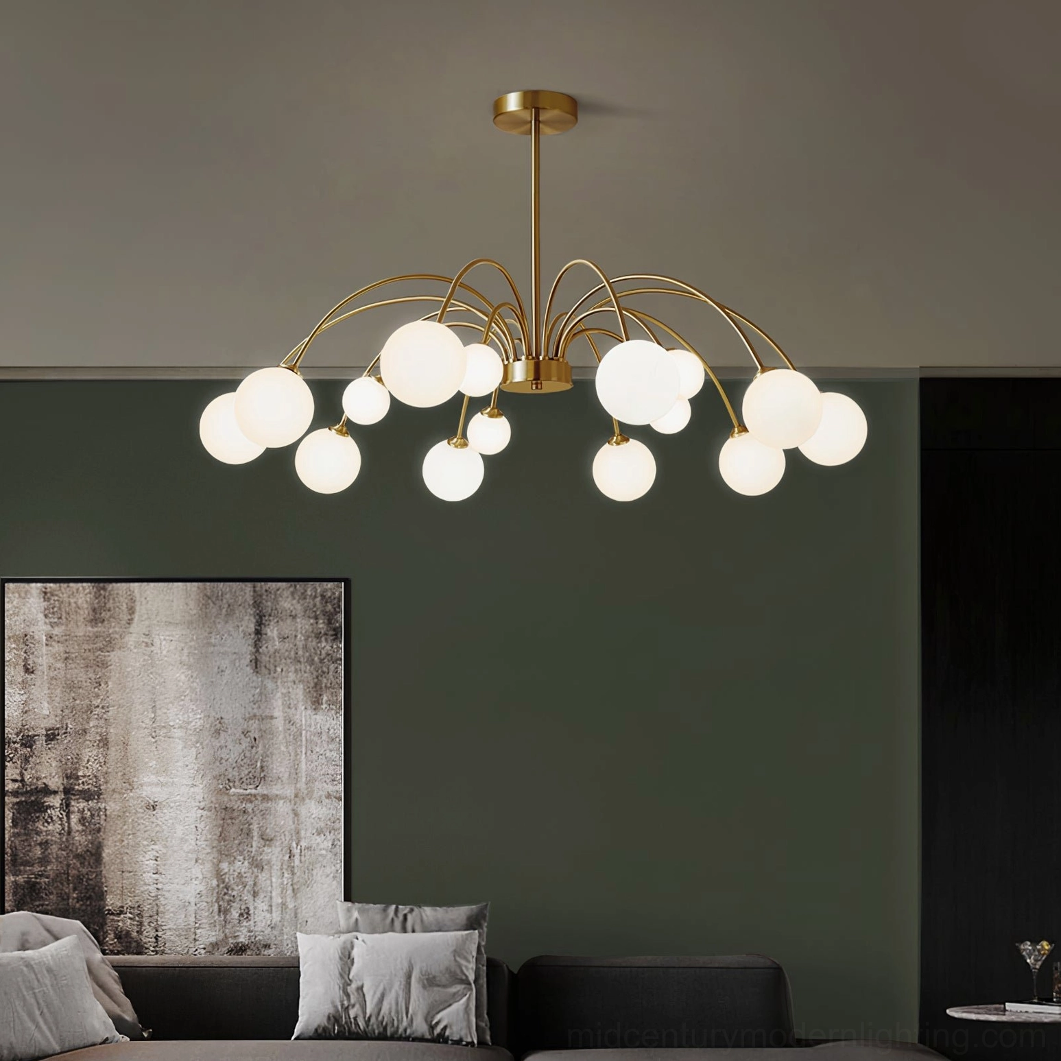 Apiales 6-head compact chandelier with smaller frosted glass globes for intimate space lighting