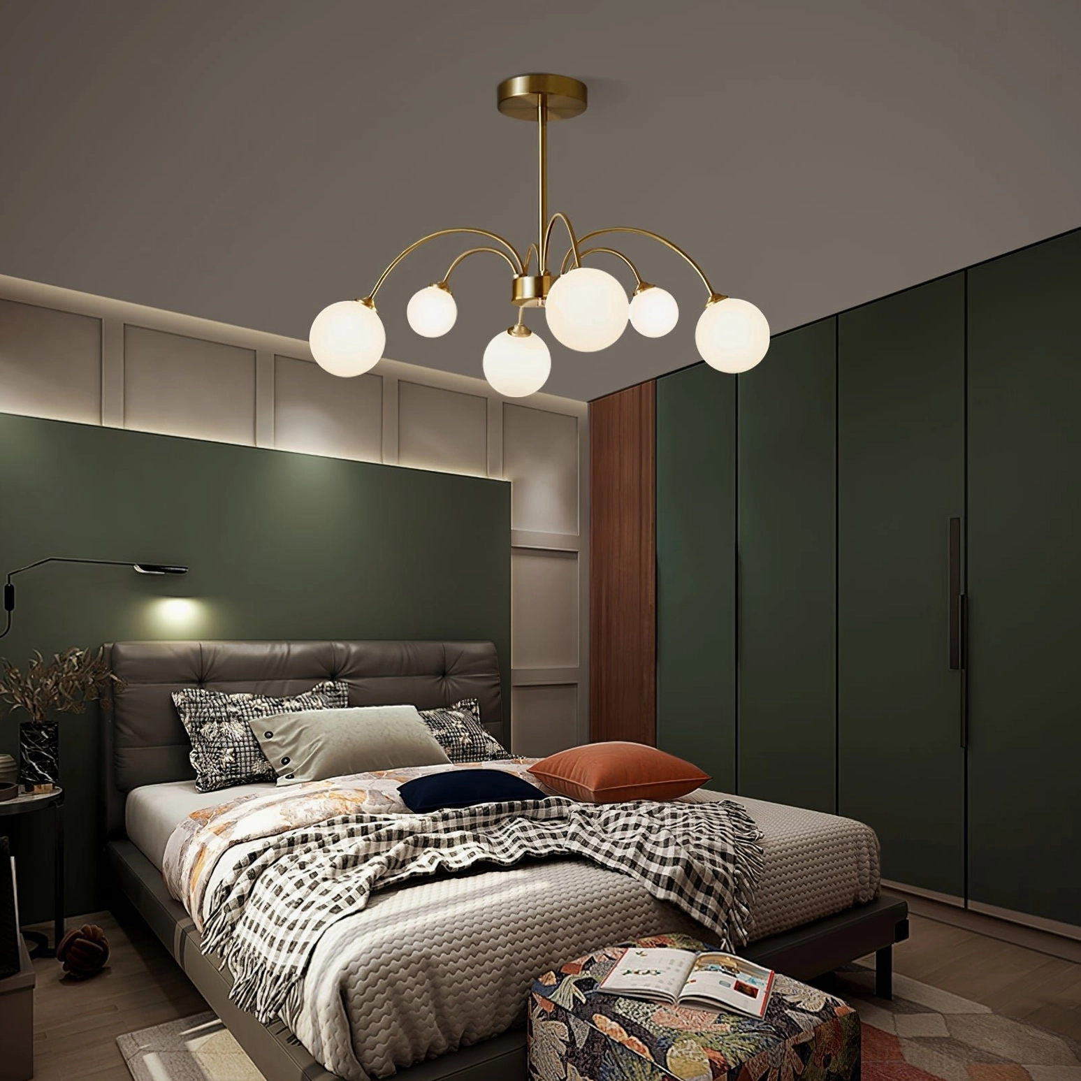 Apiales chandelier installed in luxury master bedroom with dark green walls and warm brass lighting ambiance