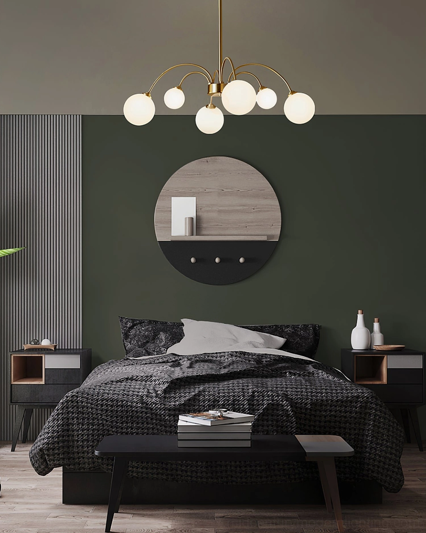 Small Apiales chandelier in cozy modern bedroom with dark green accent walls and warm brass finish