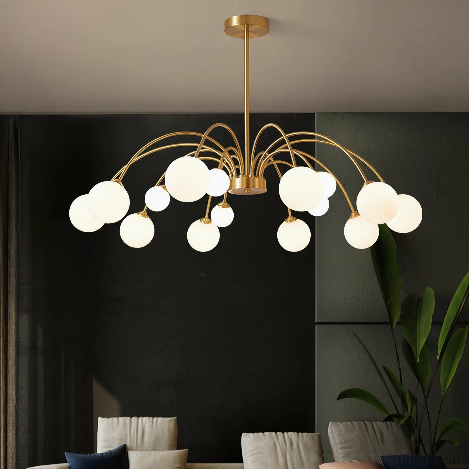 Apiales chandelier installed highlighting brass finish quality and glass dome frosting texture