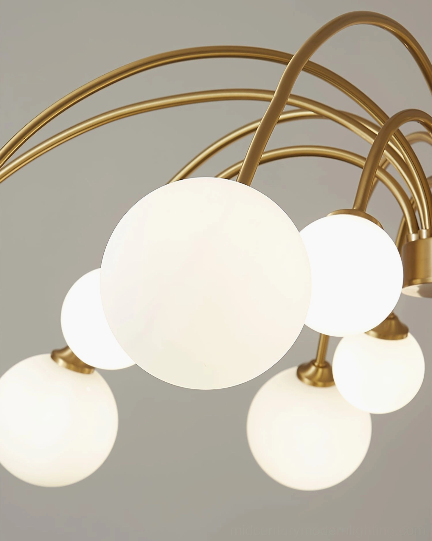 Apiales mid-century modern glass globe chandelier architectural detail showing mouth-blown glass craftsmanship