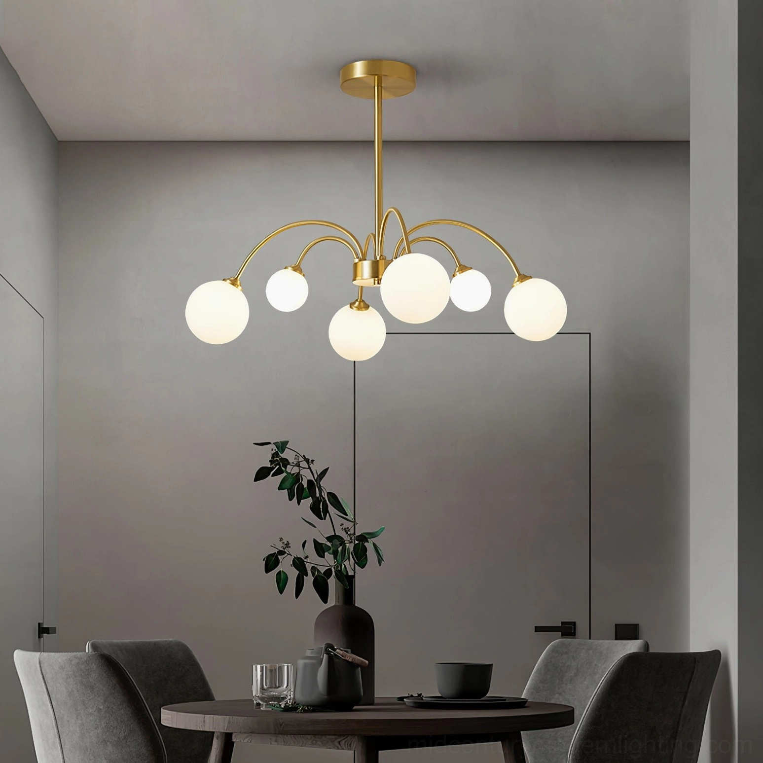 Small Apiales glass dome chandelier in minimalist dining nook with simple modern neutral aesthetic