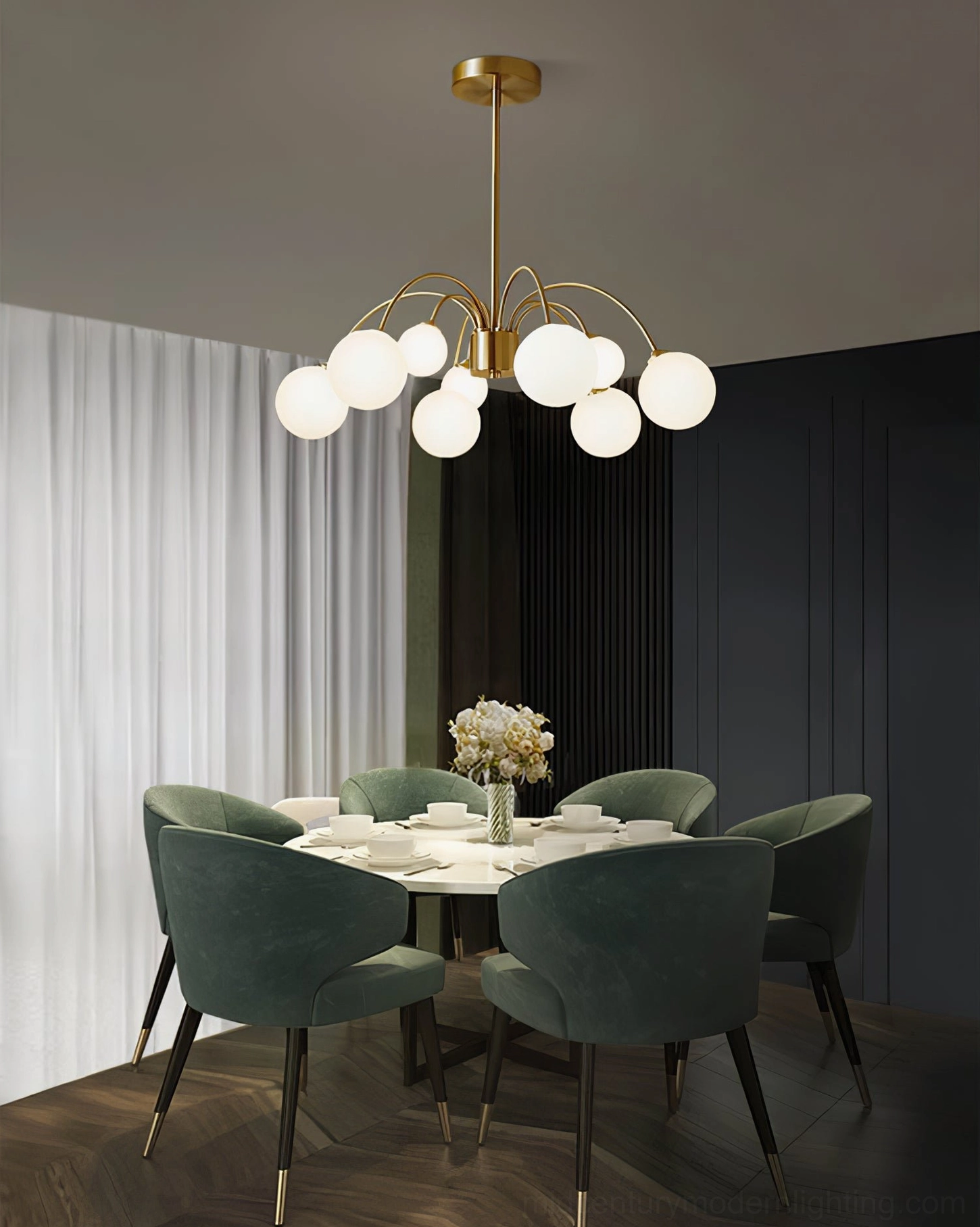 Apiales chandelier illuminating modern formal dining room with velvet chairs and sophisticated interior design