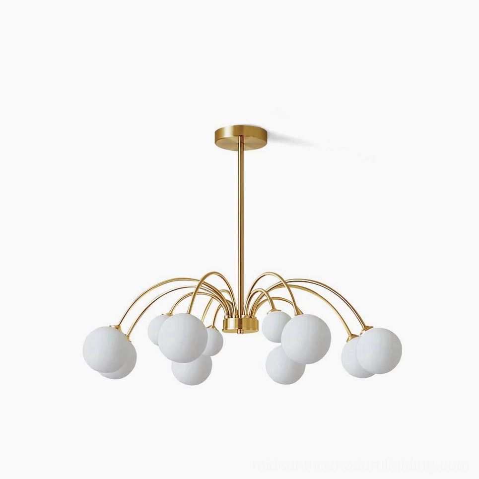 Apiales mouth-blown glass globe chandelier with frosted domes and brushed brass frame, overhead studio view