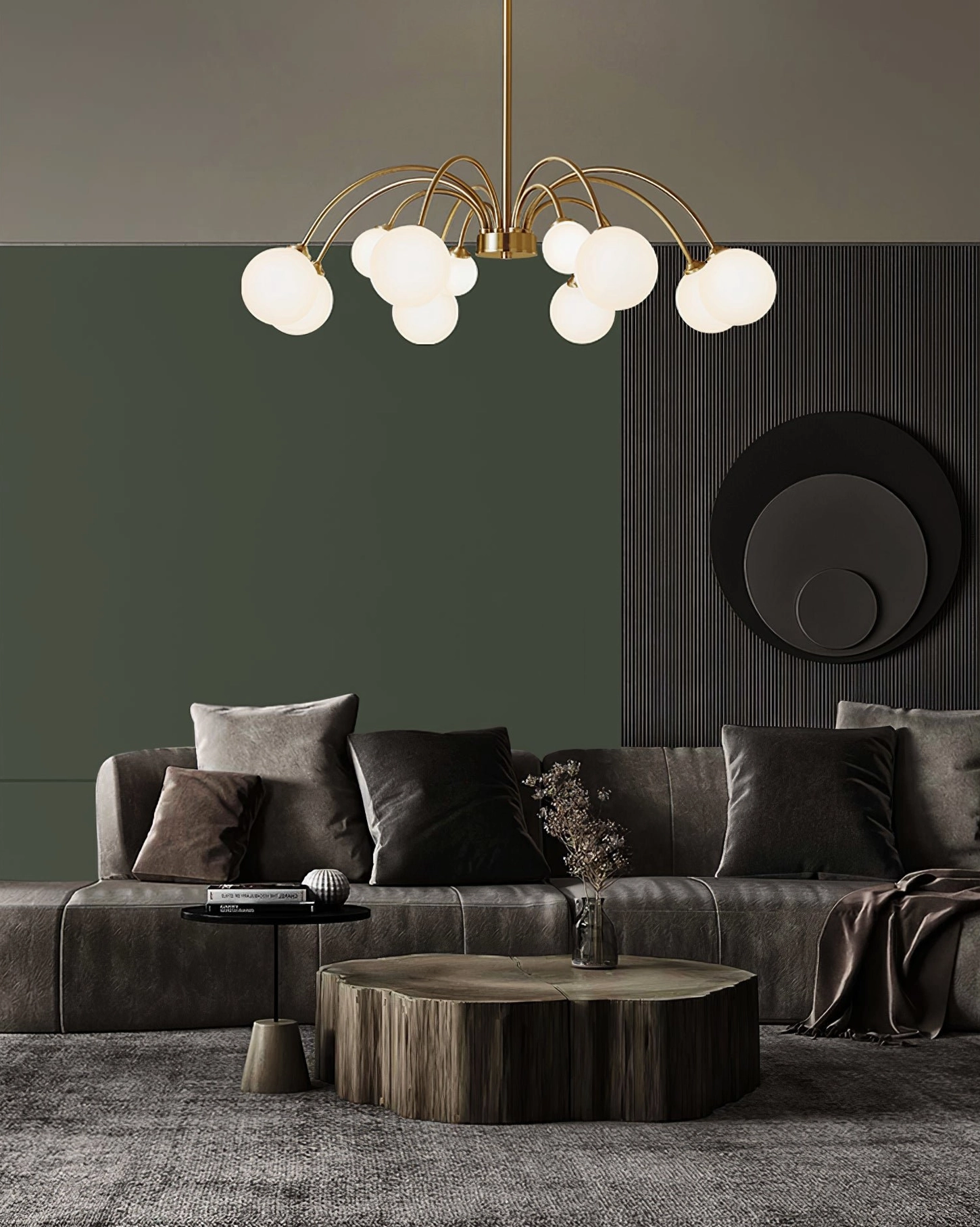 Medium-sized Apiales chandelier casting soft light in sophisticated dark tone living room with minimalist furnishings