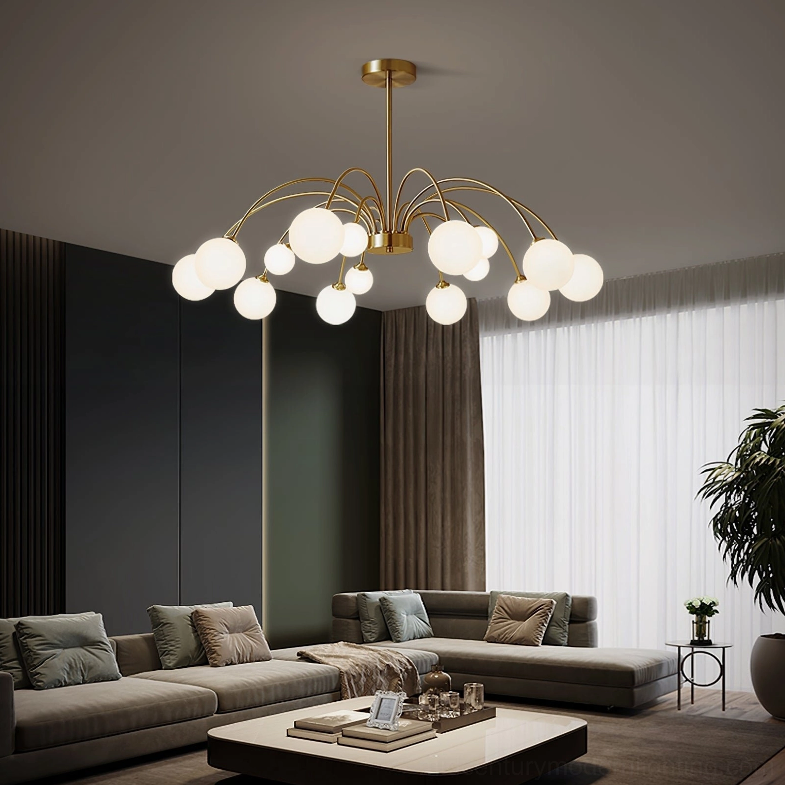 Large Apiales glass globe chandelier illuminating modern living room with sectional sofa and neutral luxury interior