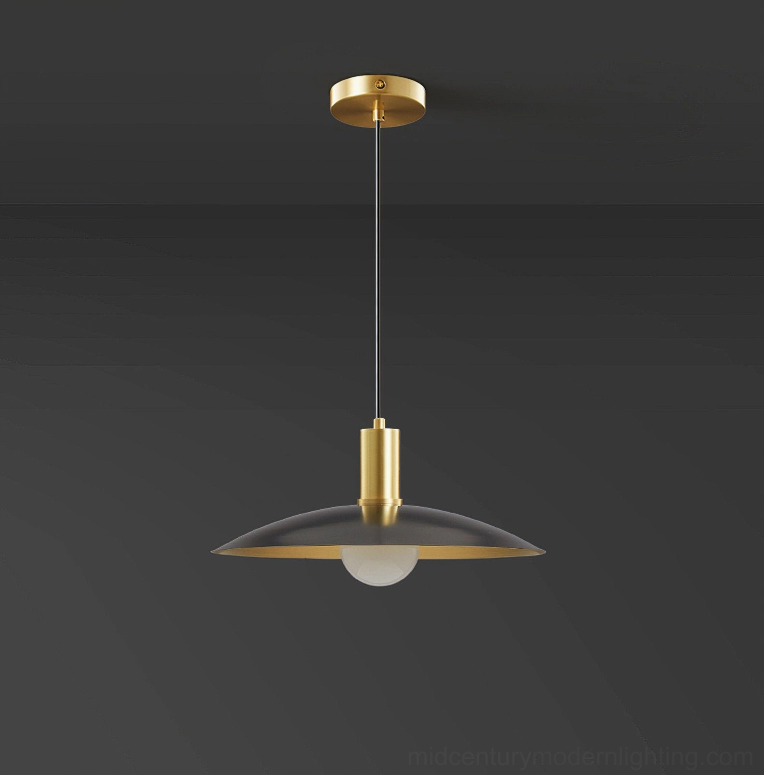 Black and brass Aplomb pendant light, contemporary luxury design with matte disc shade