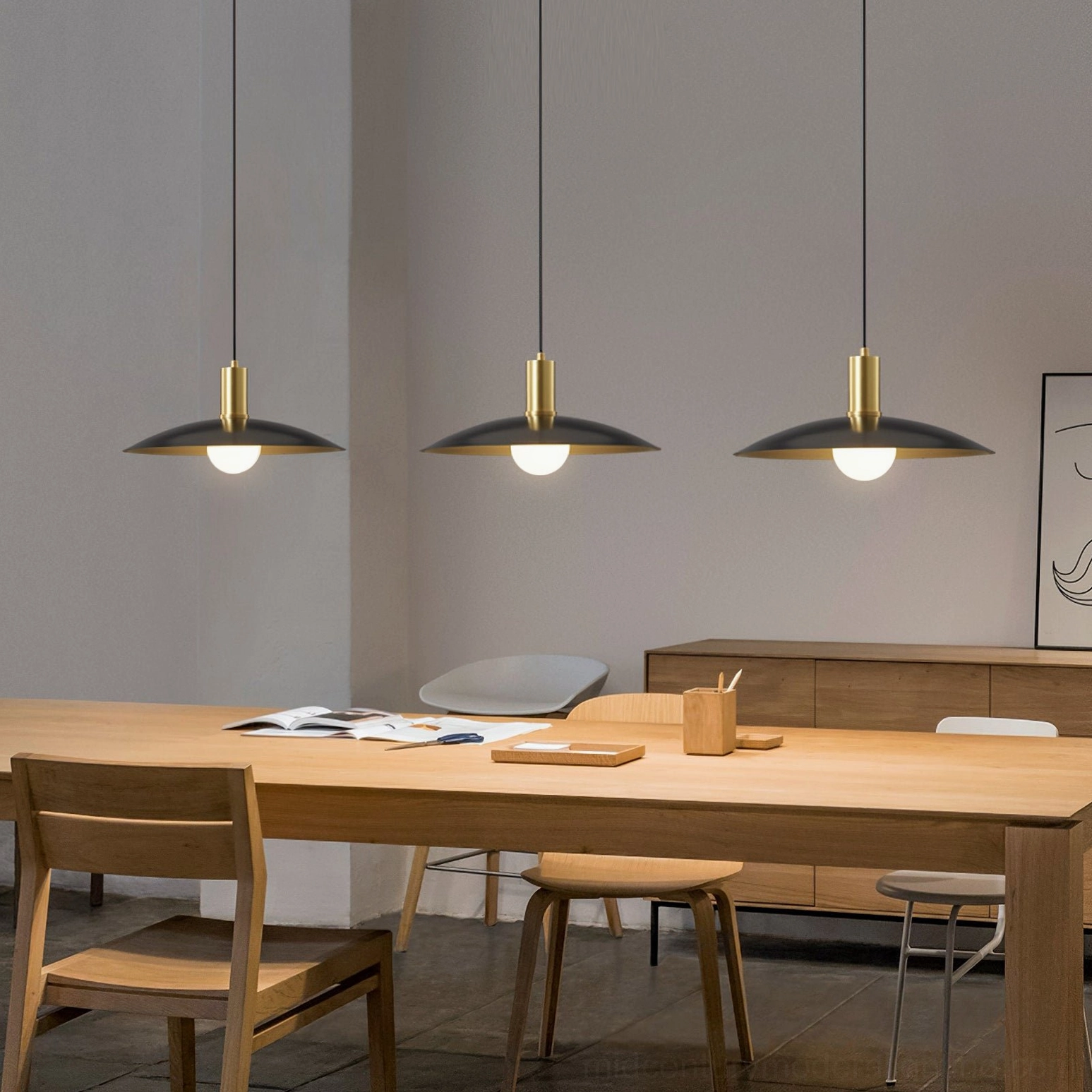 Aplomb brass pendant light fixture, contemporary minimalist design detail