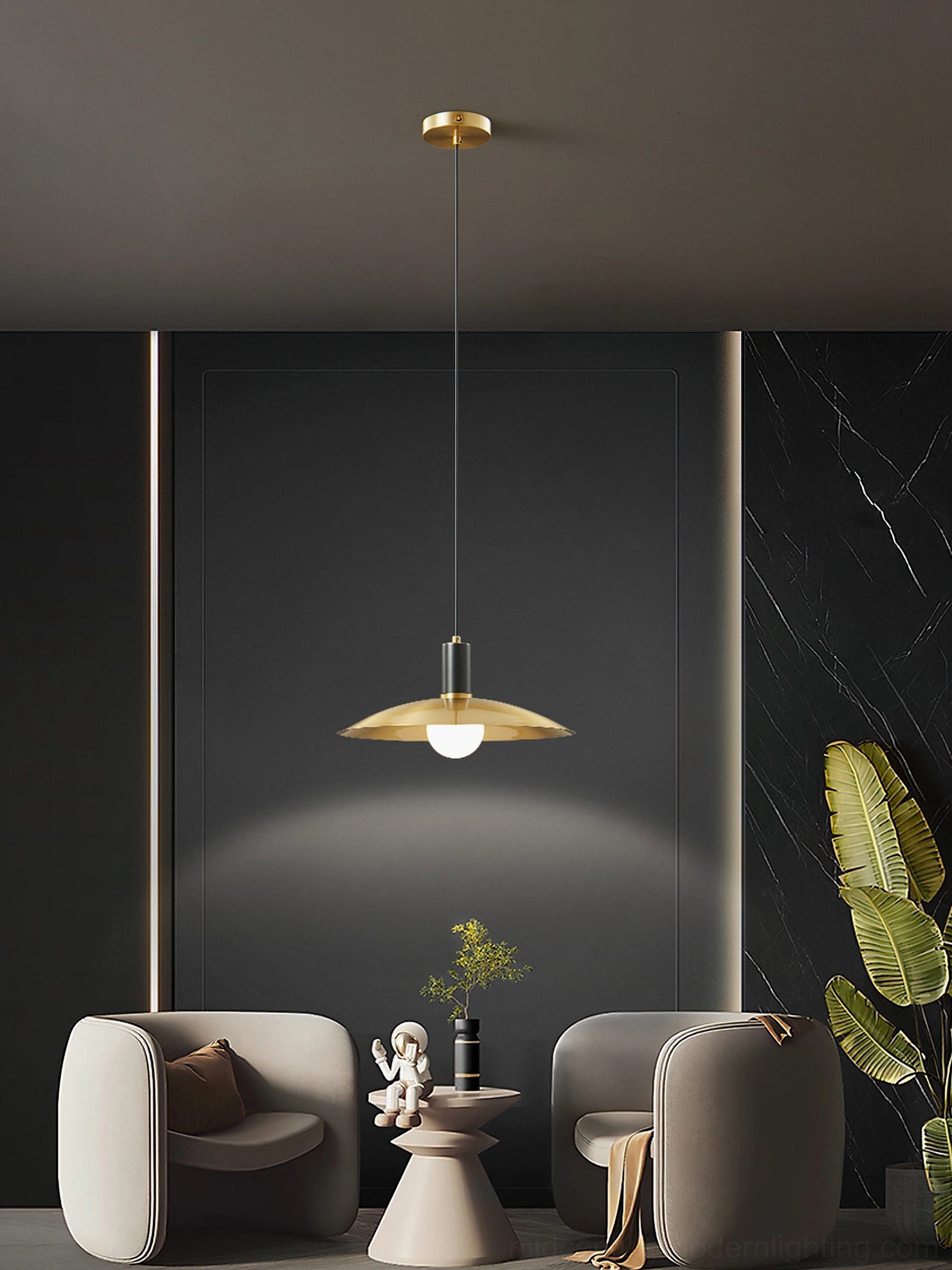 Single Aplomb pendant light in small modern lounge space, minimalist home decor accent