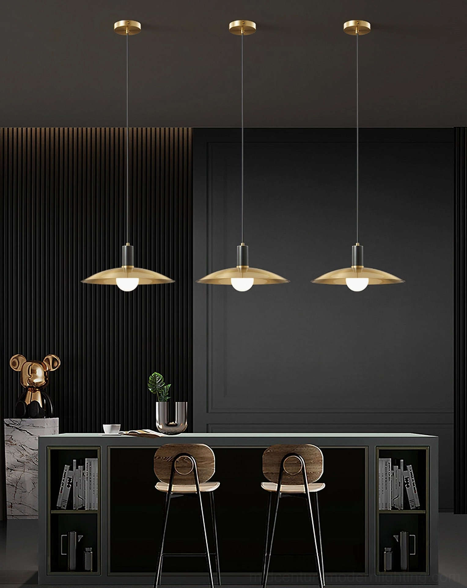 Multiple Aplomb brass and black pendant lights over high-end bar counter, luxury color scheme