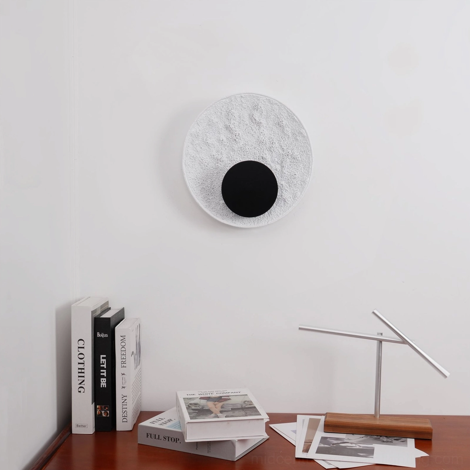 Apollo mini compact round moon wall lamp minimalist home study corner distant view
