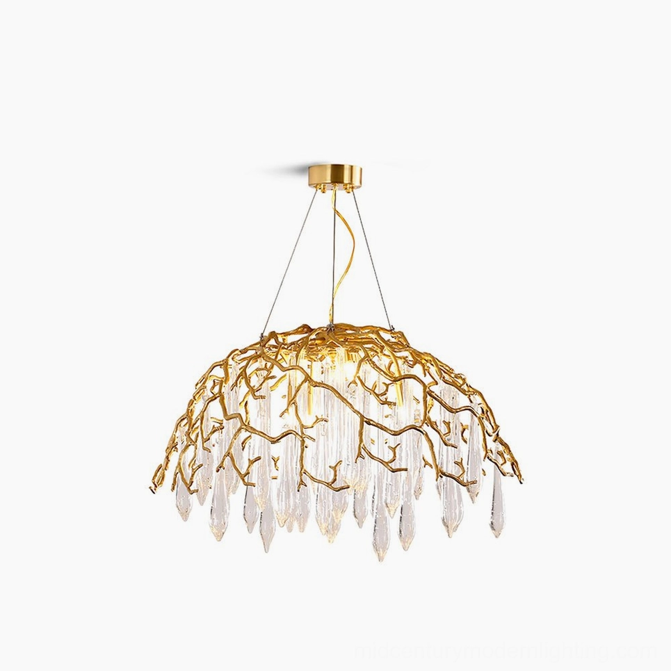 Aqua Dome Modern Brass Chandelier with Clear Crystal Pendants - Front View Product Shot