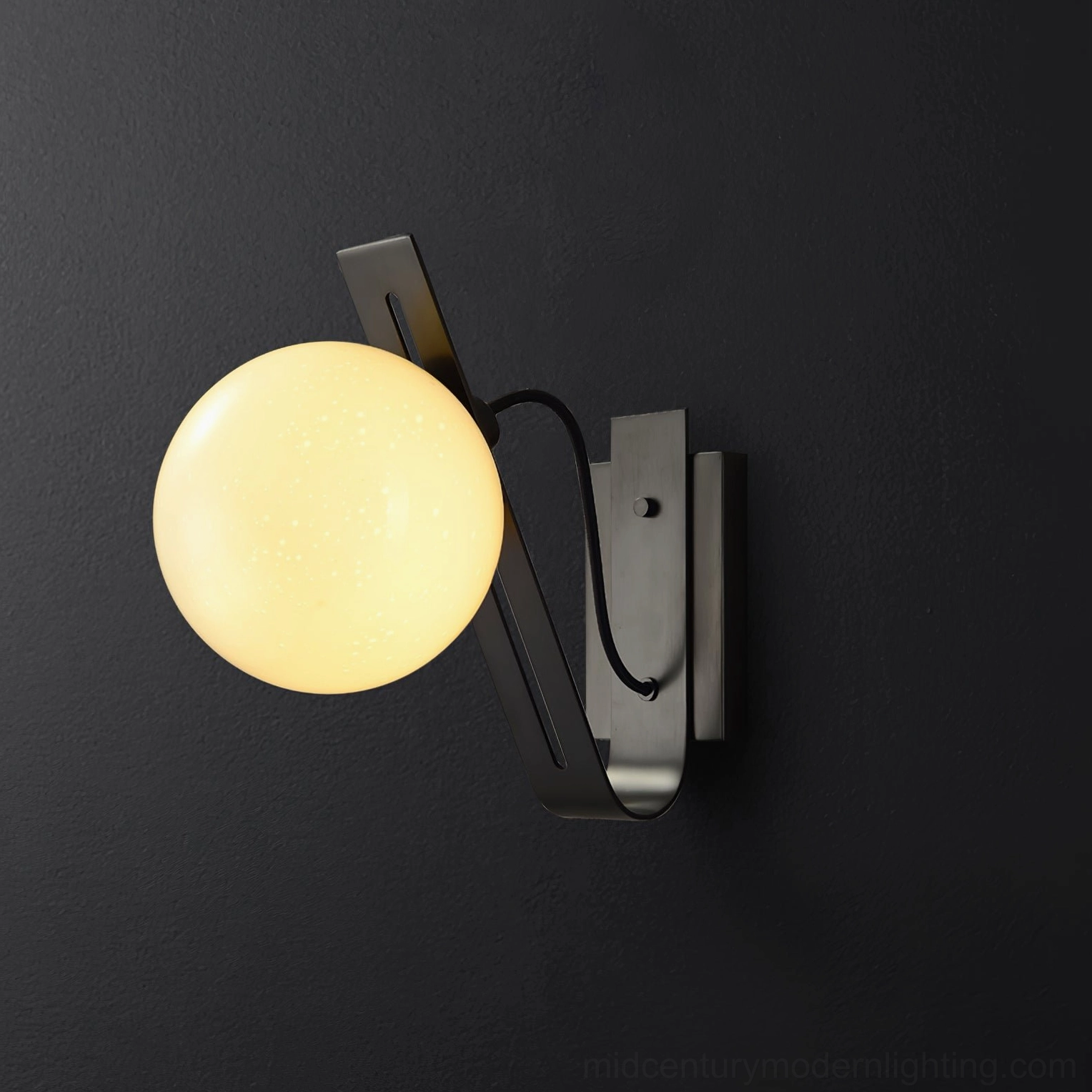 Arandela blackened metal wall lamp installation detail showing slotted bracket mounting system