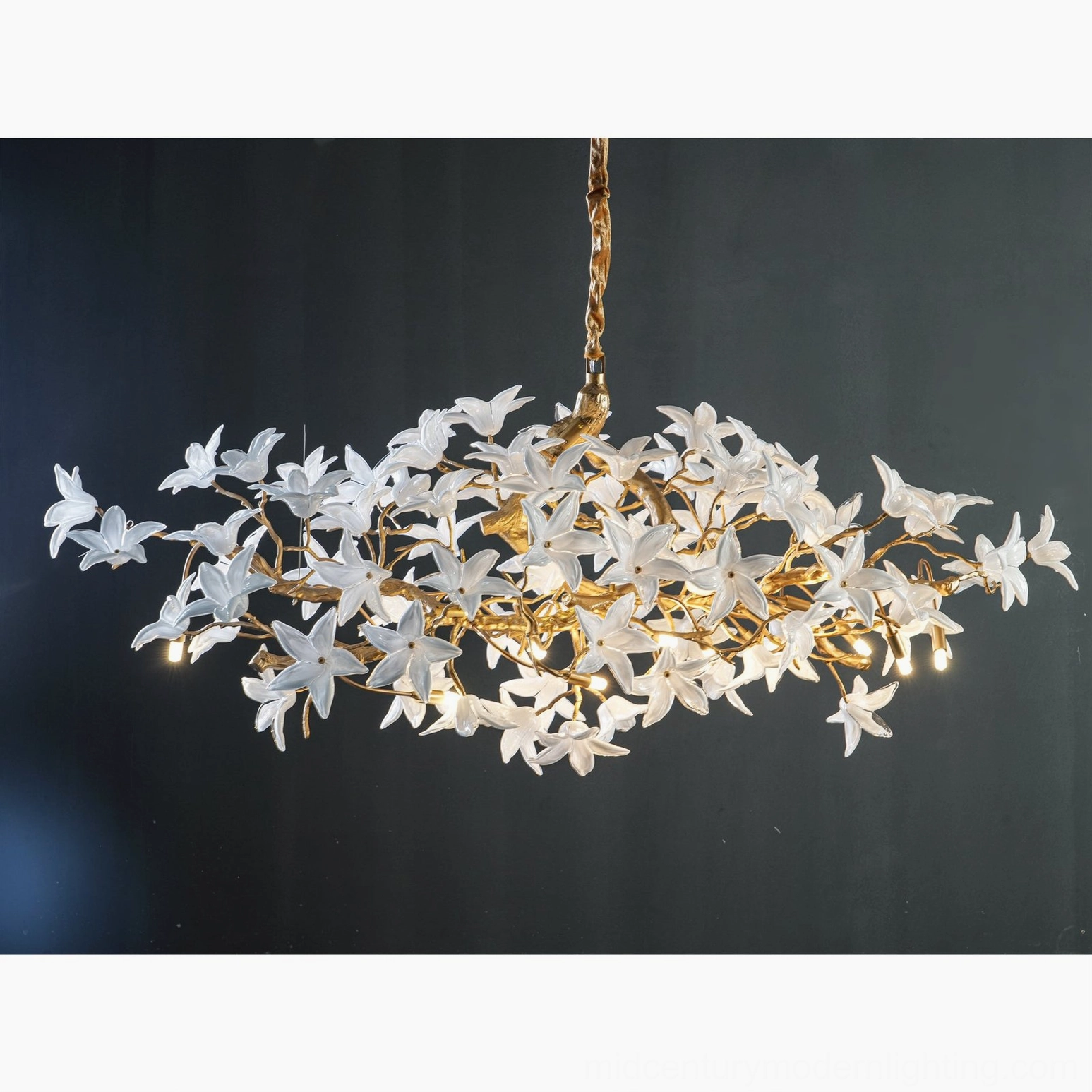 Arboris blossom branch chandelier front flat view with LED lights and brass metal frame on gray background