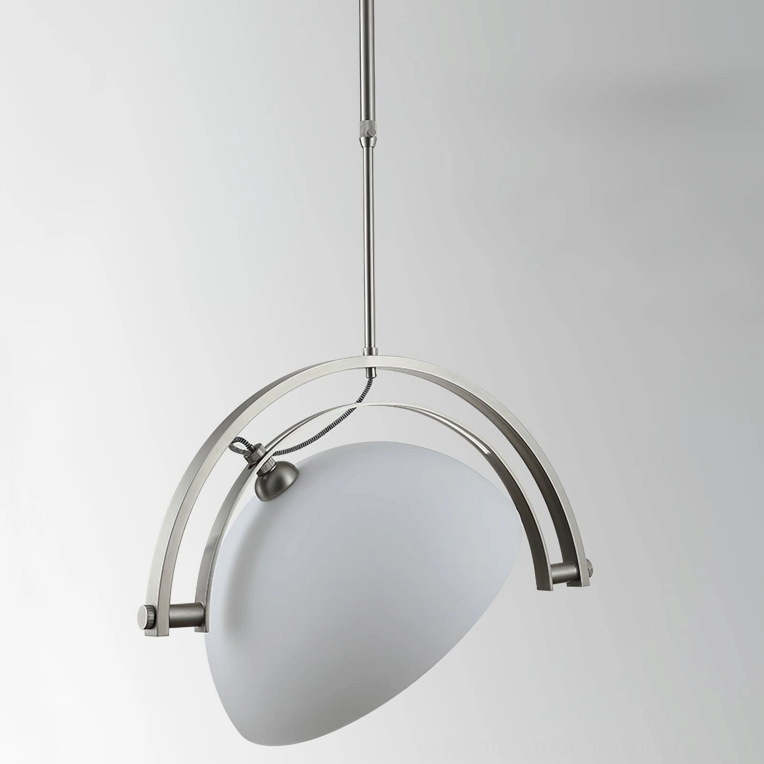 Adjustable arc pendant lamp side profile showing double-arched polished silver metal frame and pivoting lamp head mechanism