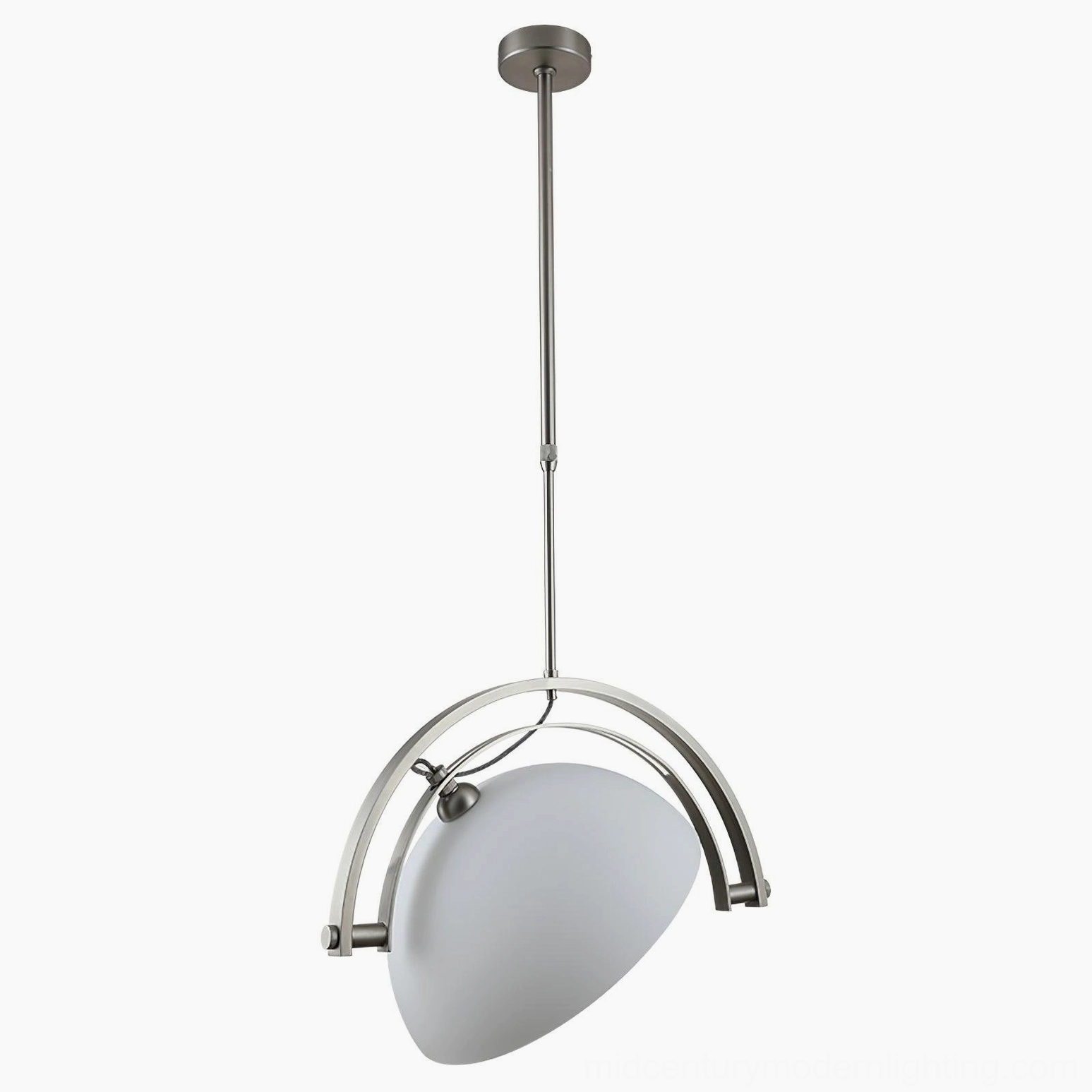 Chrome and white arc pendant light 42cm diameter 24cm height mid-century modern style ceiling fixture