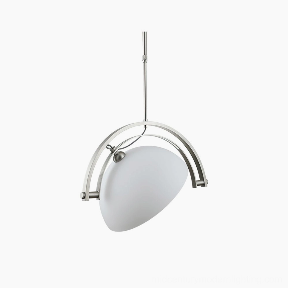Mid-century arc pendant light with polished chrome frame and matte white shade, modern minimalist design studio shot front view