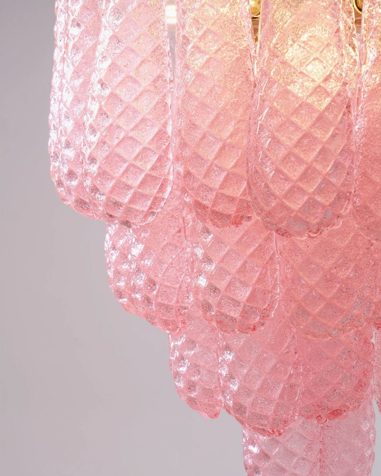 Pink hand-blown Murano glass chandelier architectural view emphasizing form and dimension