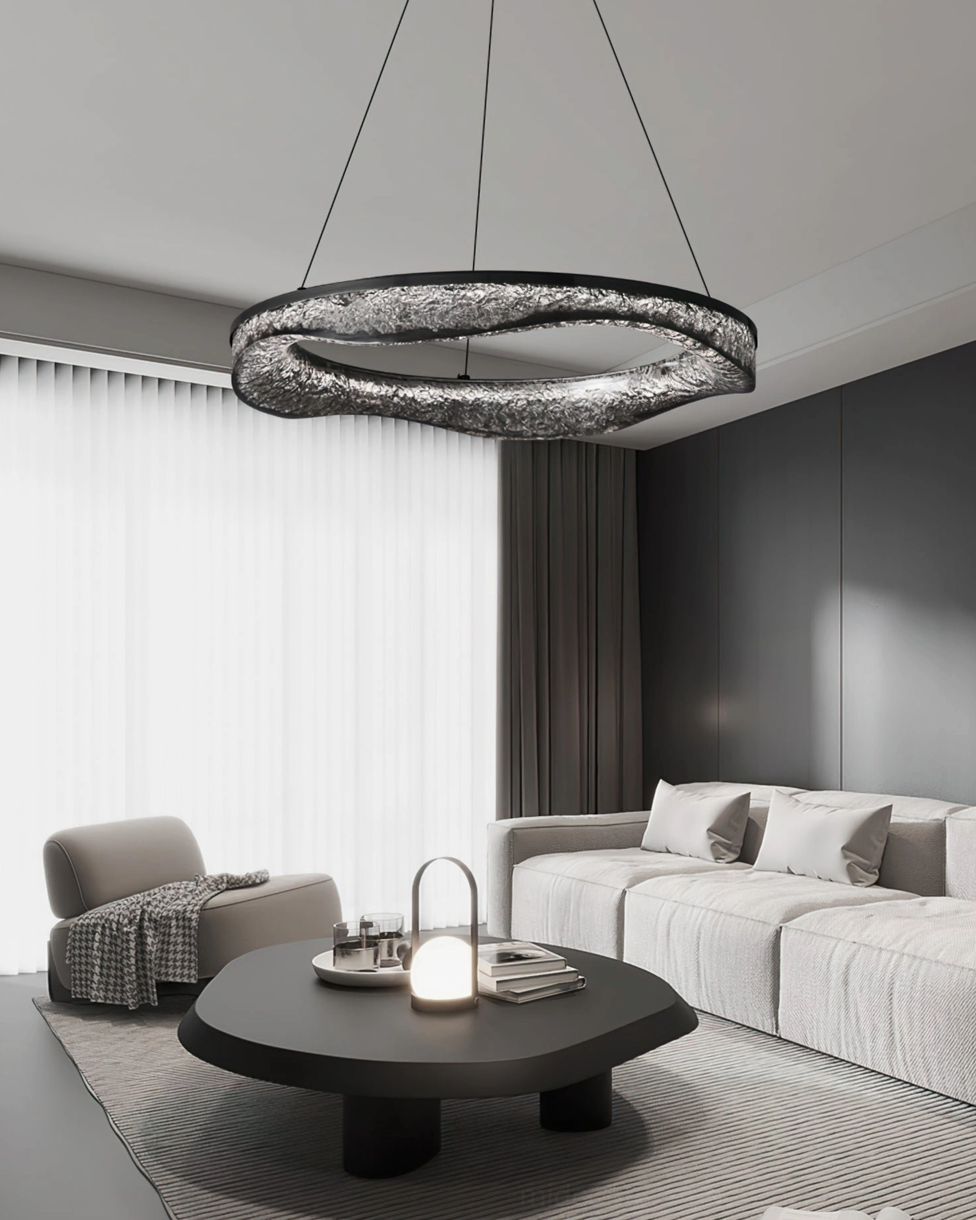Aria single-ring chandelier installed in minimalist modern living room interior