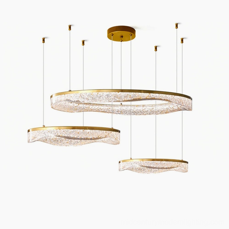 Aria three-tier modern ring chandelier with brass accents and textured resin shades overhead view