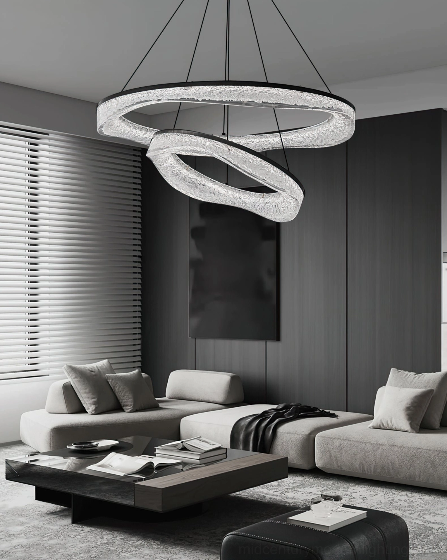 Two-tier modern ring chandelier with light brass hardware illuminating contemporary space