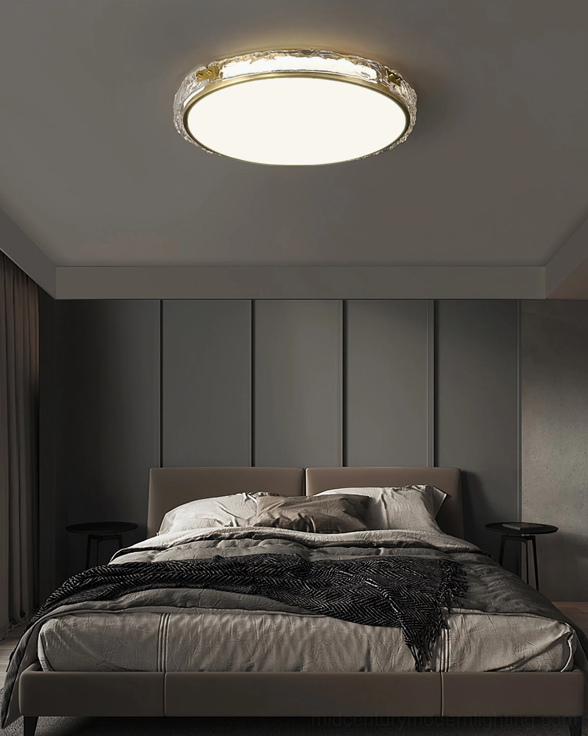 Arlus modern ceiling light in minimalist dark bedroom providing bright cool white illumination