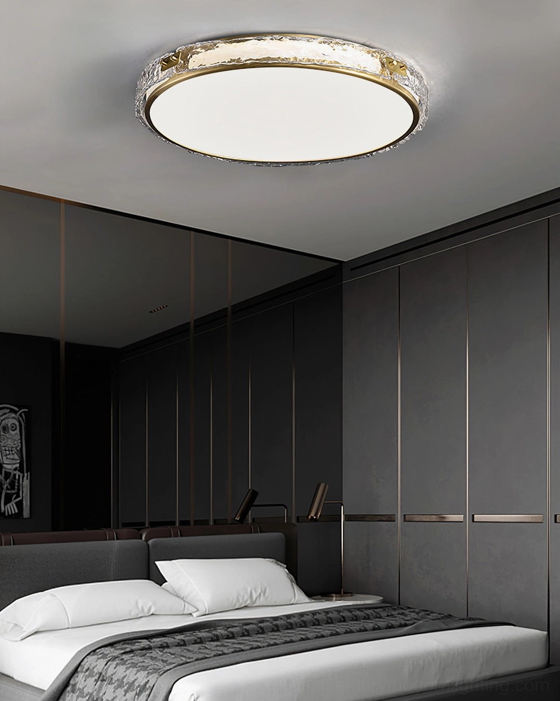 Arlus brass ceiling lamp mounted in dark luxury bedroom with contemporary wardrobe, upward angle view