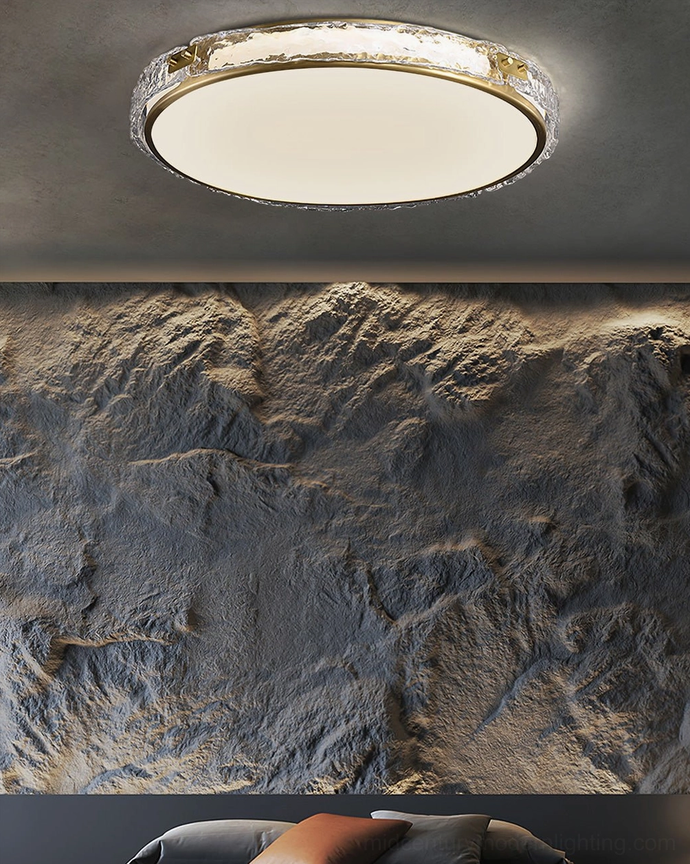 Arlus flush mount ceiling light in minimalist bedroom with textured rock accent wall, mid-century modern style
