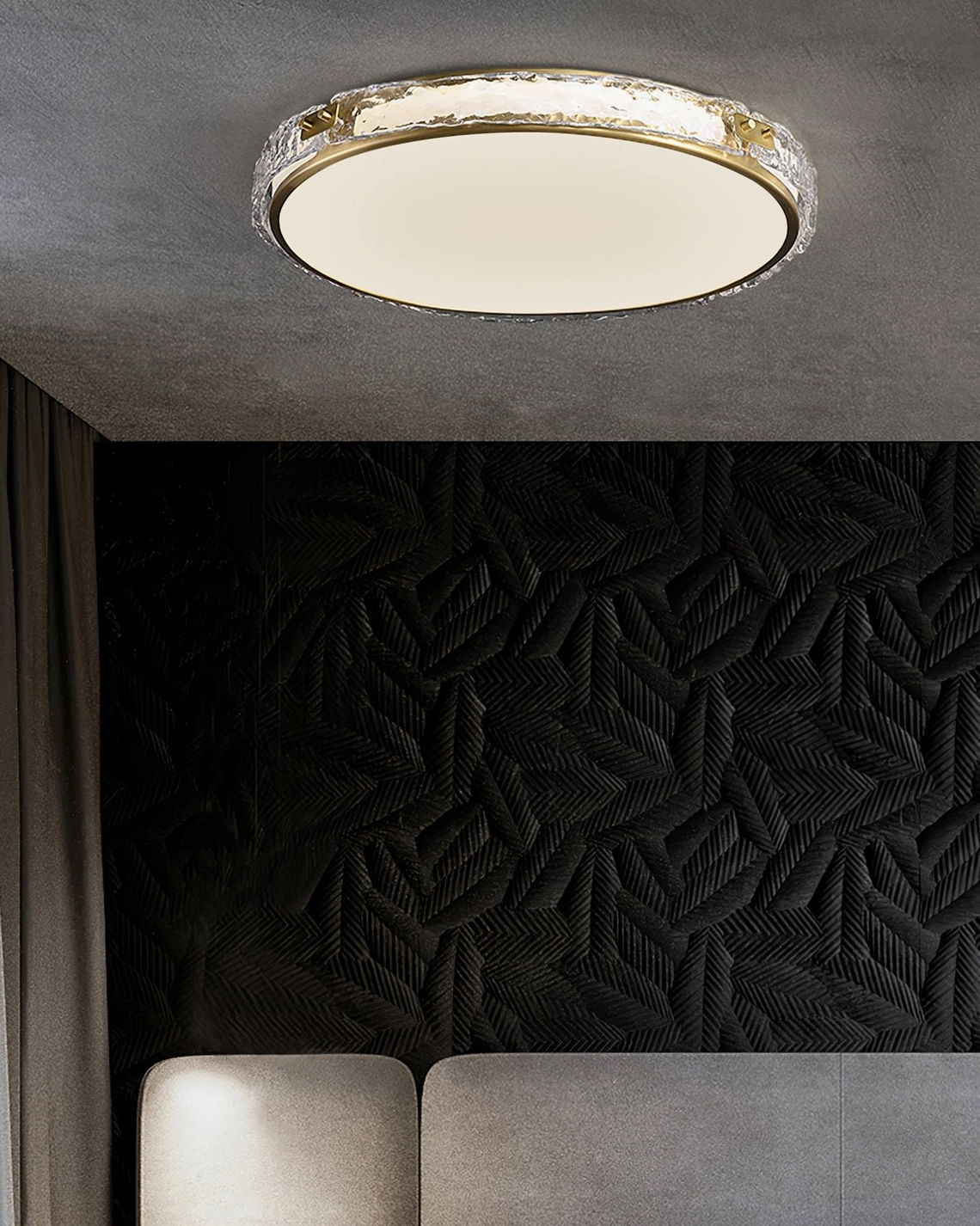 Arlus modern flush mount ceiling light with integrated LED, textured glass and gold brass finish