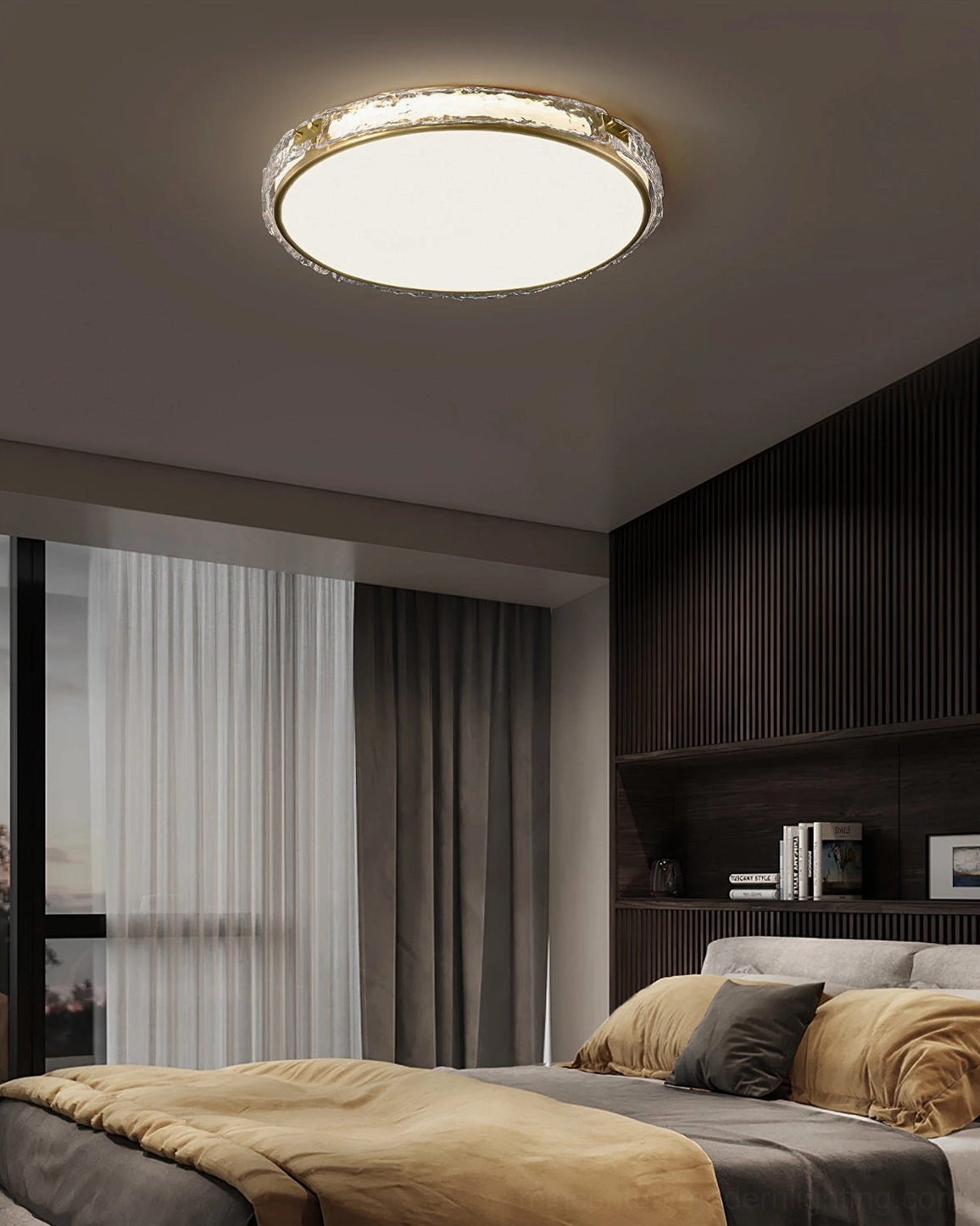 Arlus warm LED ceiling lamp providing soft ambient lighting in bedroom with floor-length curtains