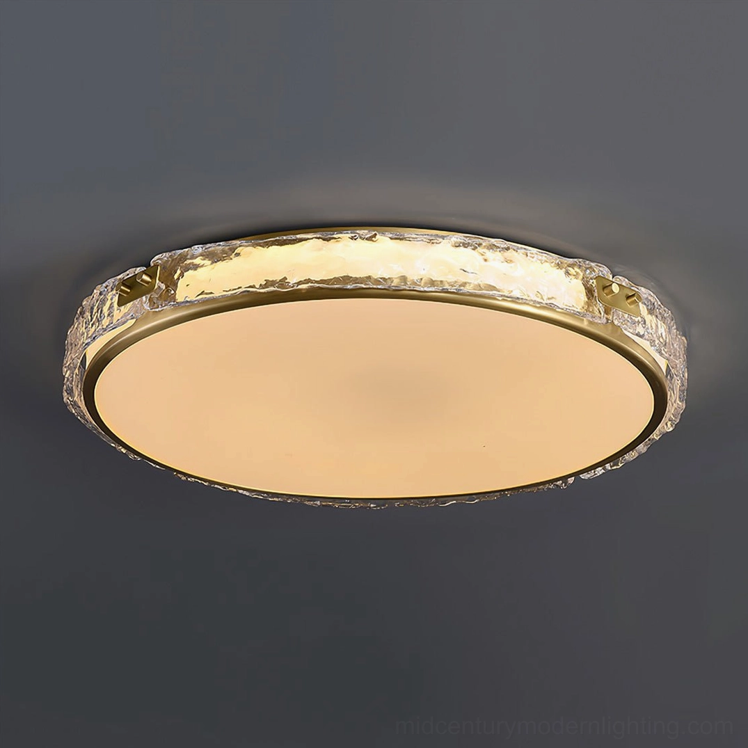 Arlus LED flush mount ceiling lamp with warm light emission, studio photography with dark background highlighting glass texture