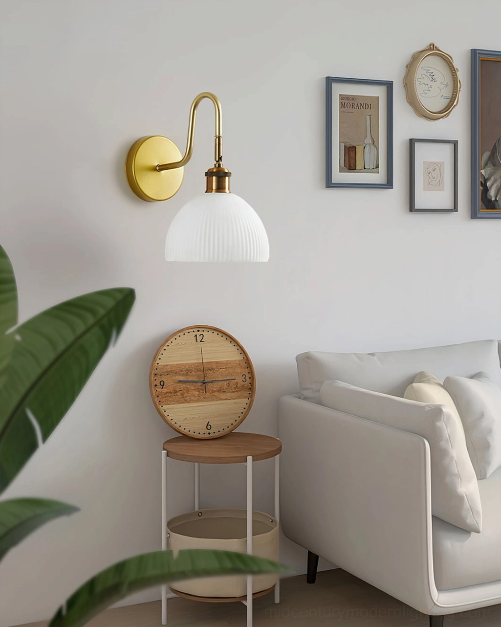 Arren mid-century modern wall sconce architectural design detail with curved metal arm and glass shade
